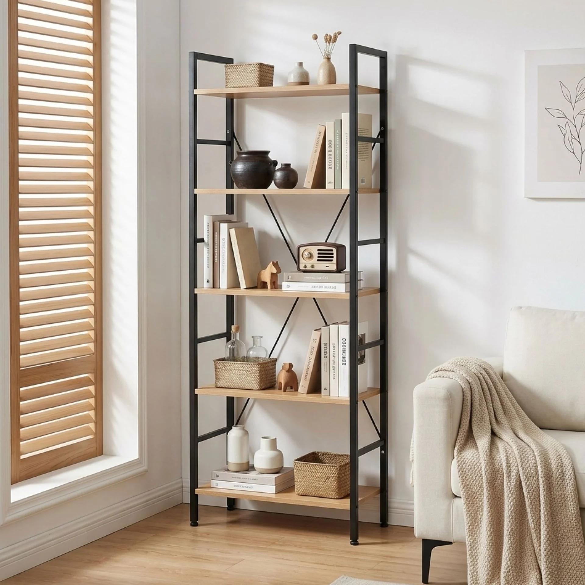 Hikuai 5 Tier Bookshelf - Natural + Black - Image 4