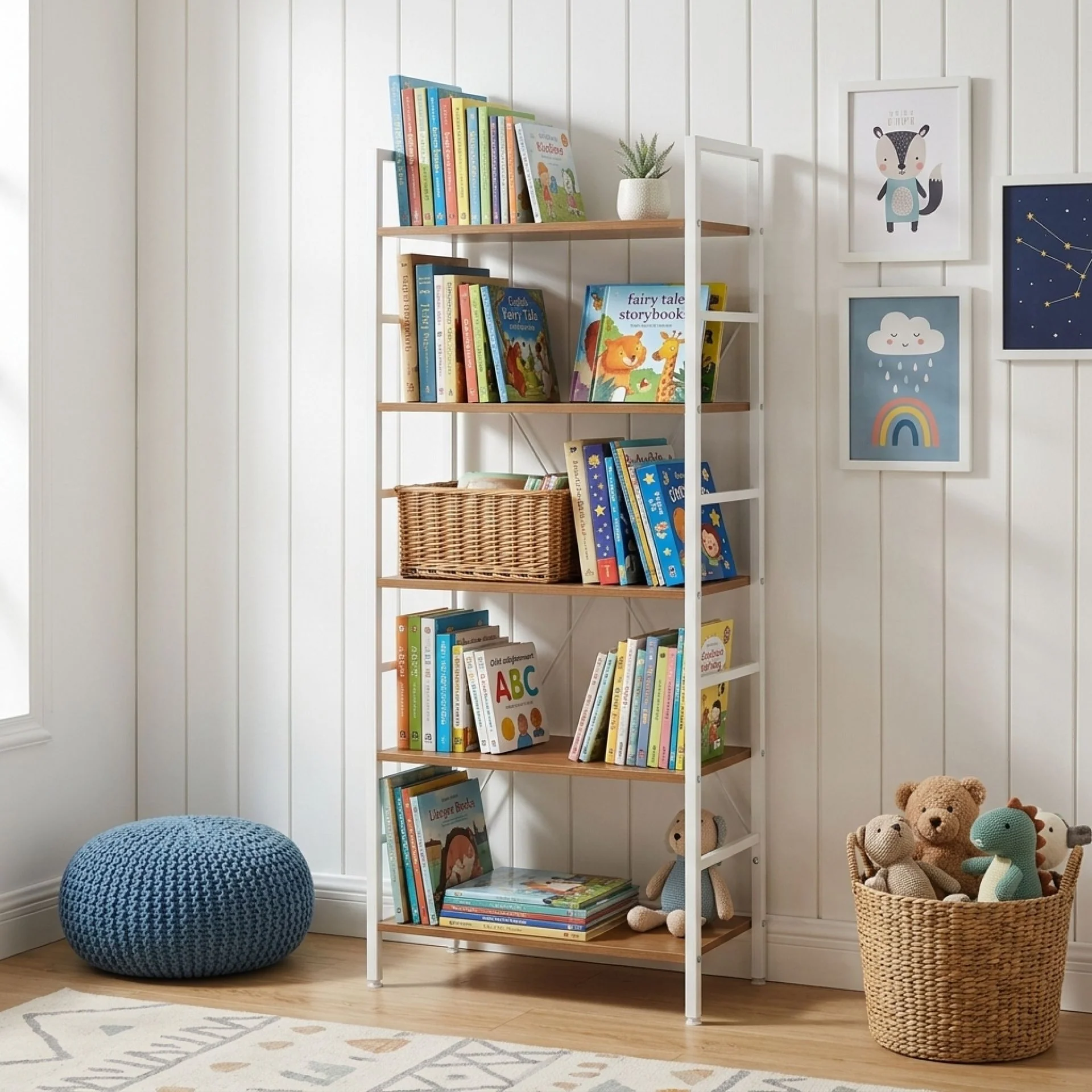Hikuai 5 Tier Bookshelf - Natural + White - Image 3