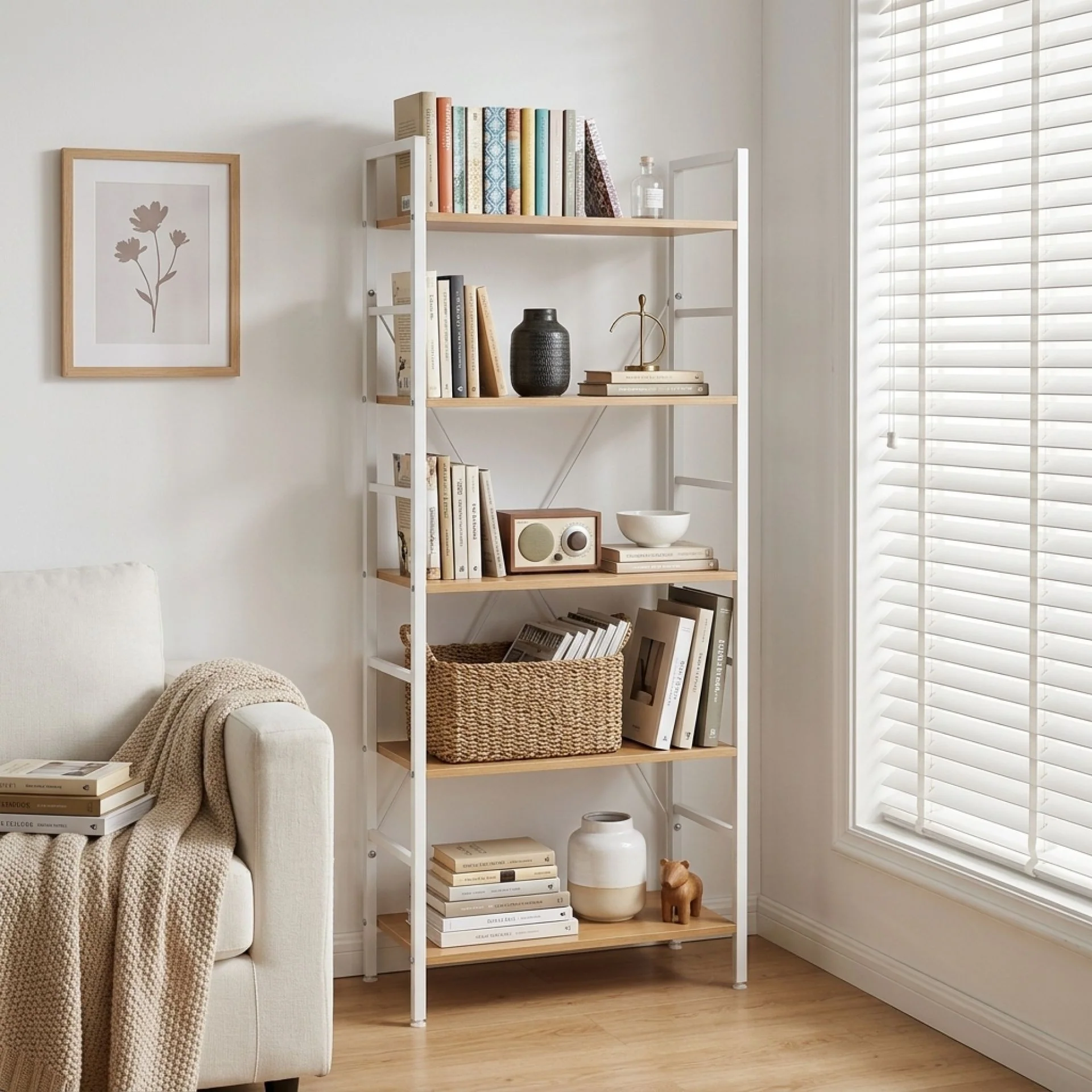 Hikuai 5 Tier Bookshelf - Natural + White - Image 4