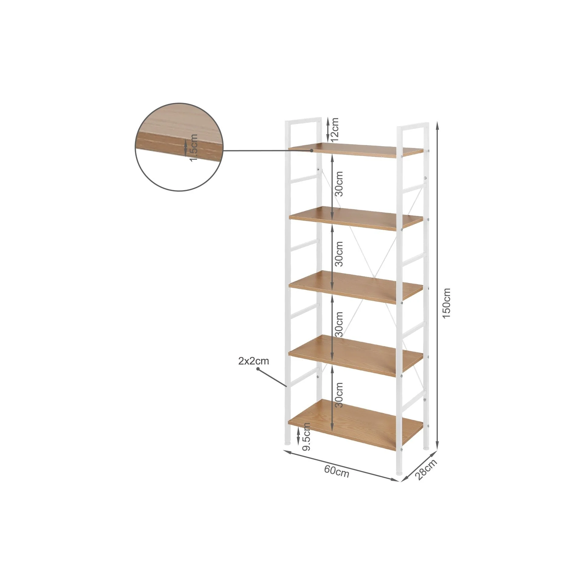 Hikuai 5 Tier Bookshelf - Natural + White - Image 9