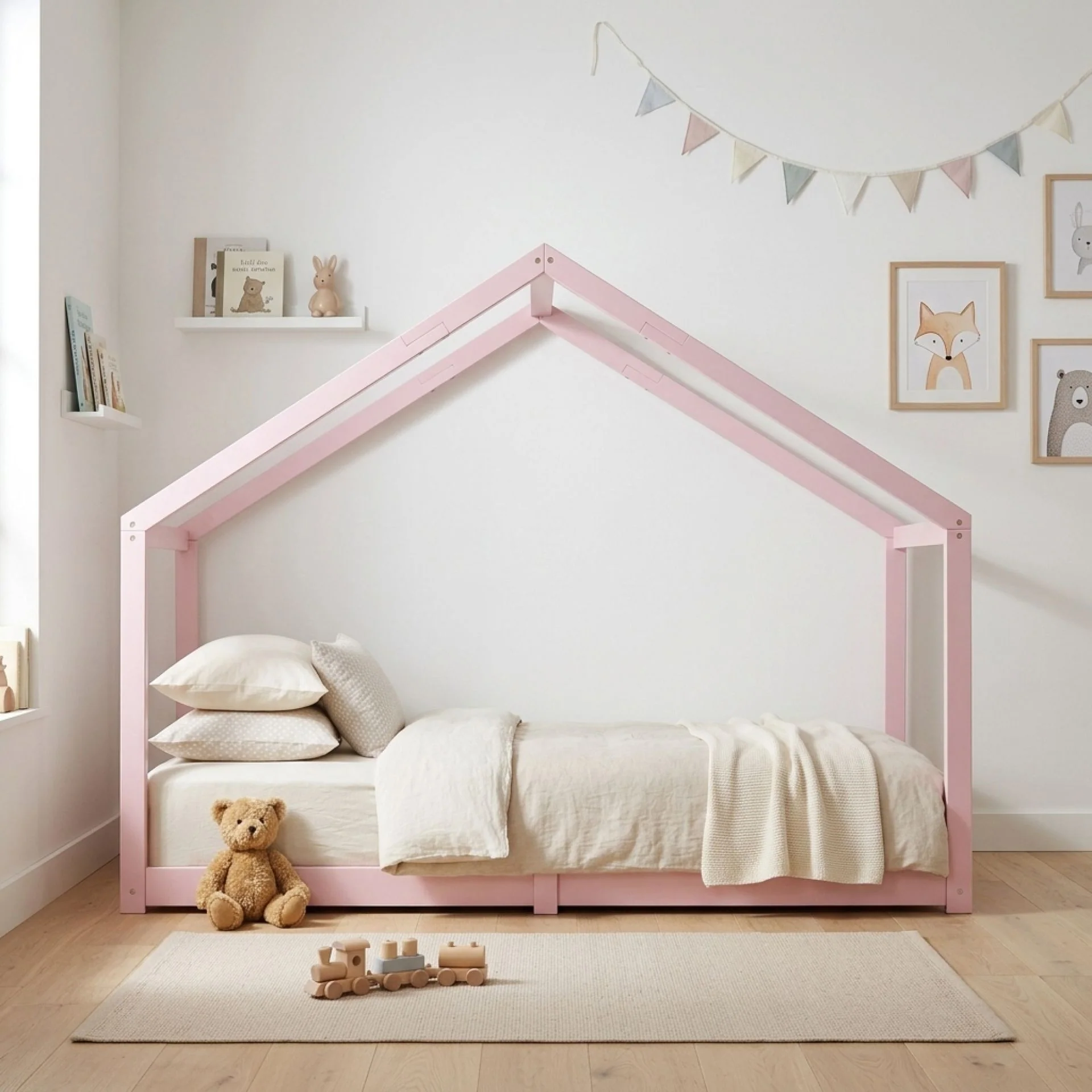 Homi Single Wooden Bed Frame - Pink - Image 2