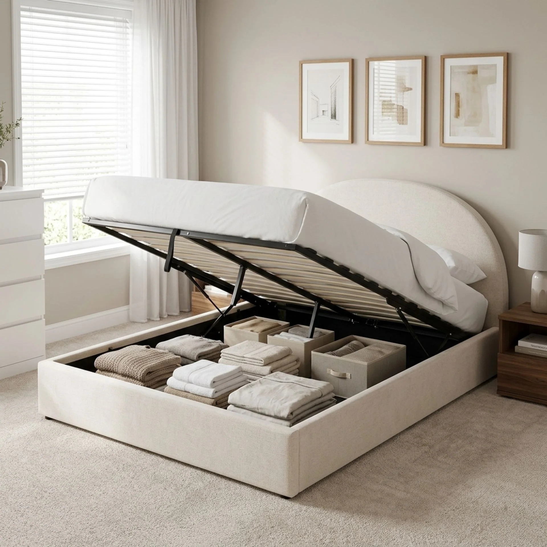 Isabella Queen Gas Lift Bed Frame - Linen Beige