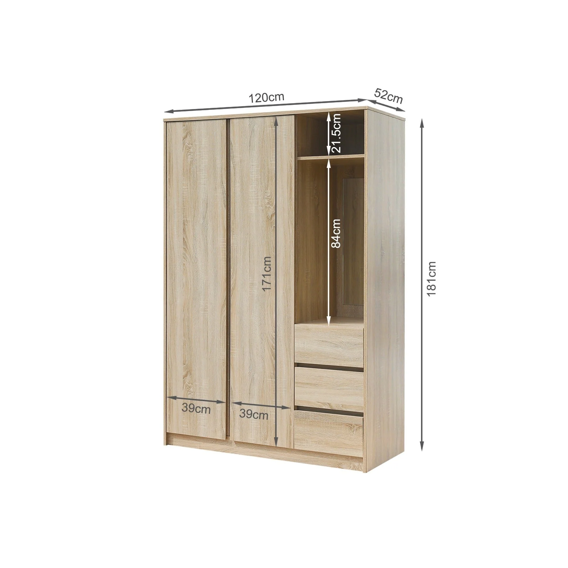 Julia 2 Door Wardrobe With 3 Drawers - Oak - Image 16