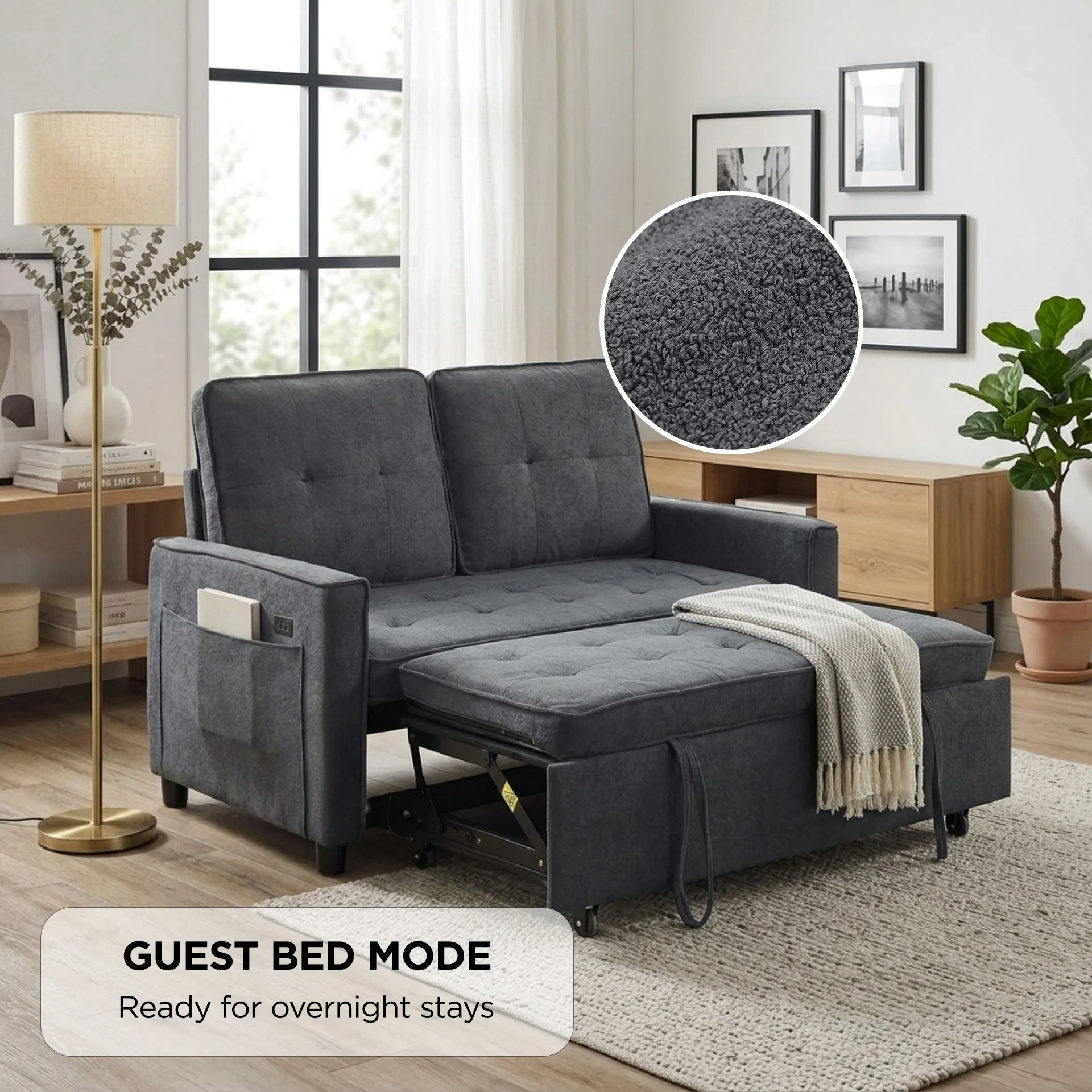 Kauri Boucle 2 Seater Sofa Bed - Dark Grey - Image 3