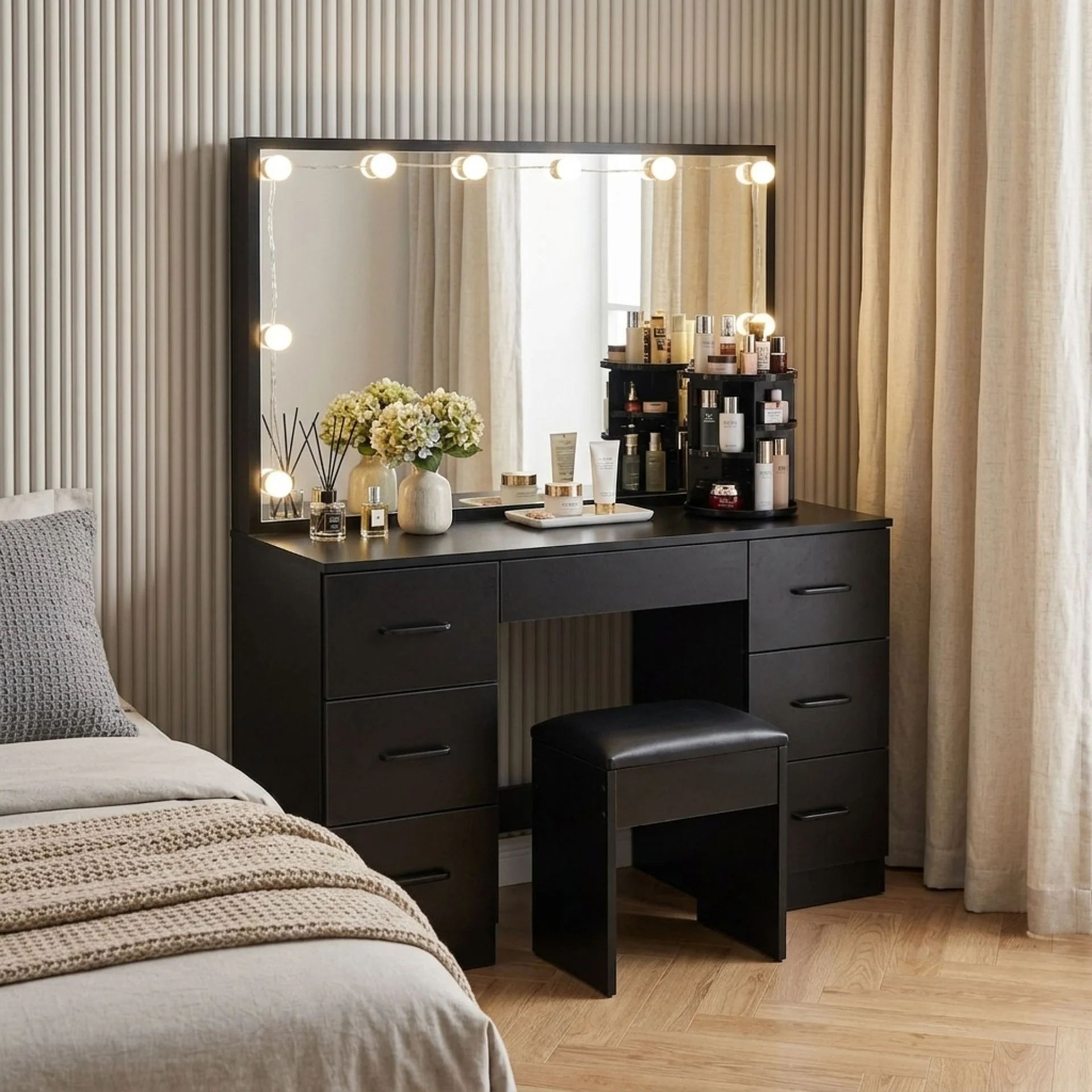 Lisianthus 2 Piece Dressing Table with Mirror & Stool Set - Black - Image 3