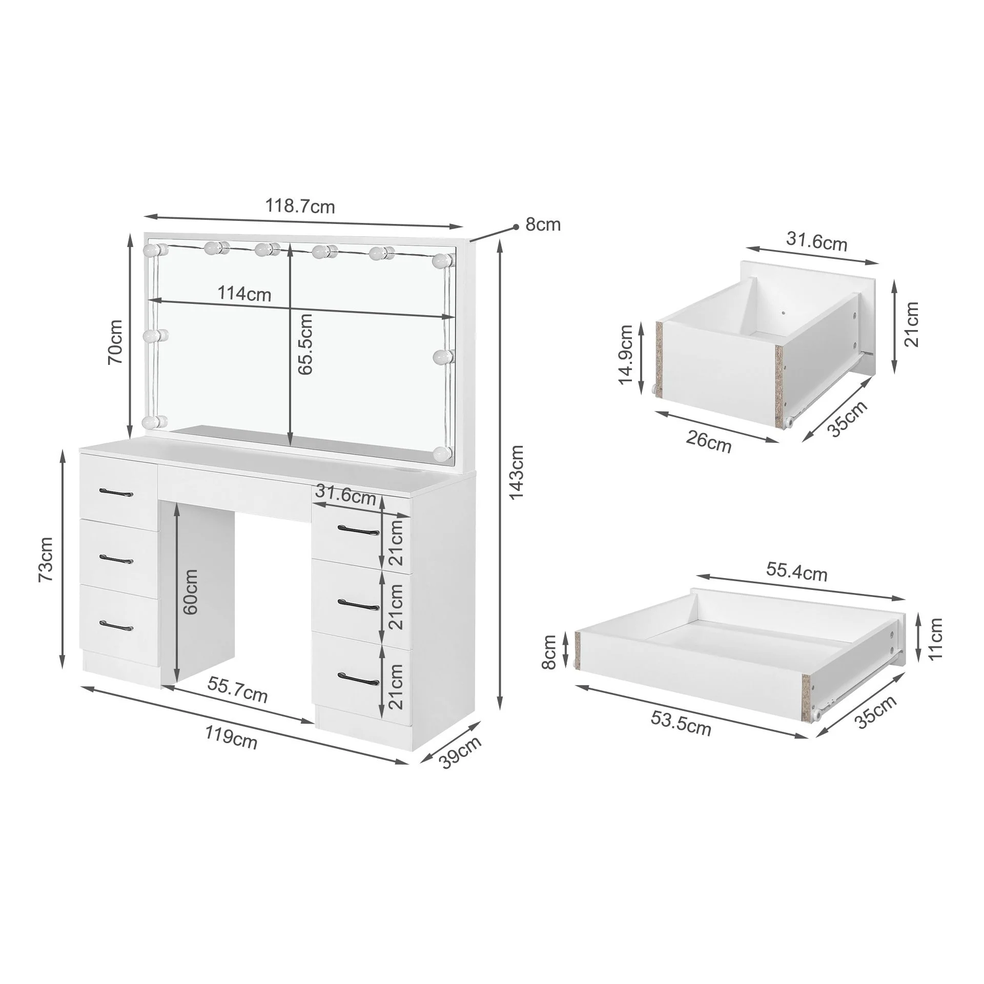 LISIANTHUS 2 Piece Dressing Table with Mirror & Stool Set - White - Image 11