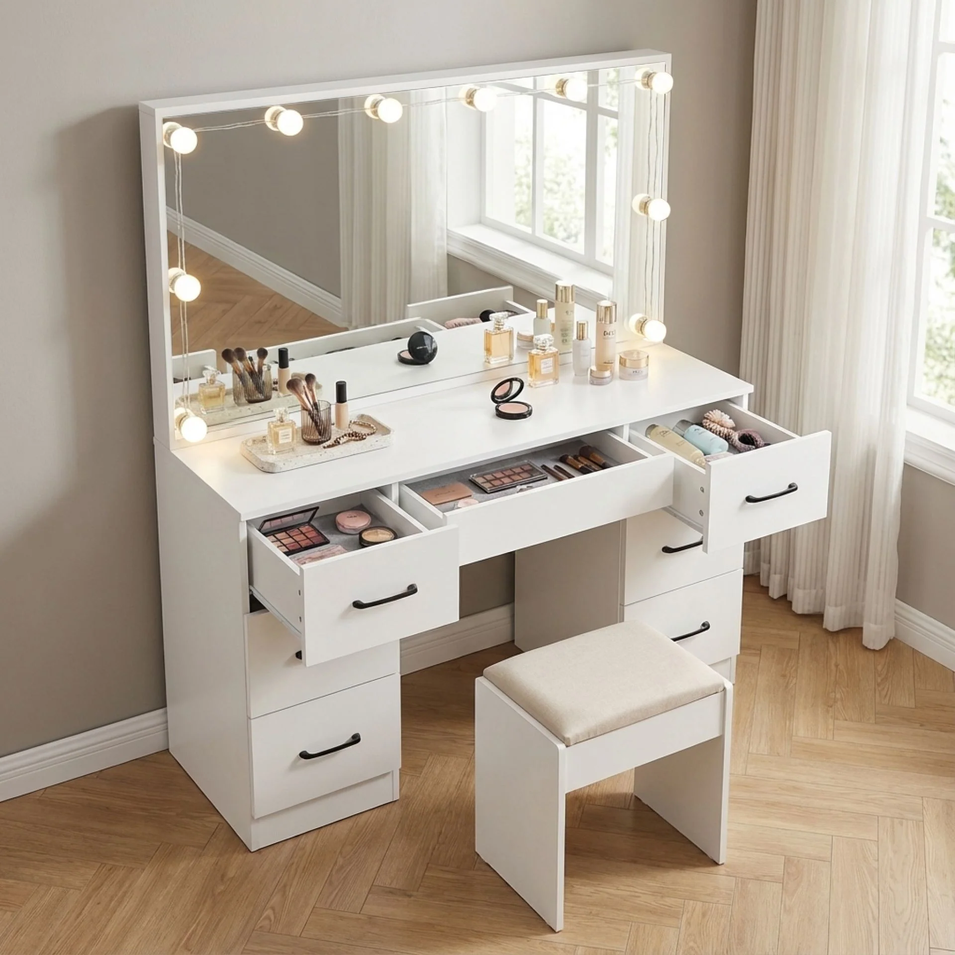 LISIANTHUS 2 Piece Dressing Table with Mirror & Stool Set - White - Image 7