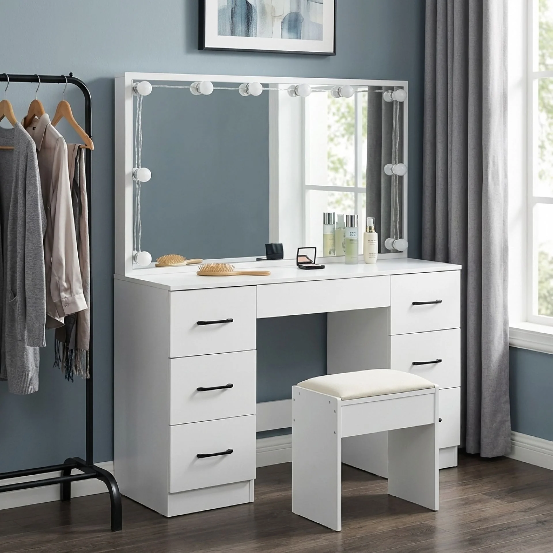LISIANTHUS 2 Piece Dressing Table with Mirror & Stool Set - White - Image 8