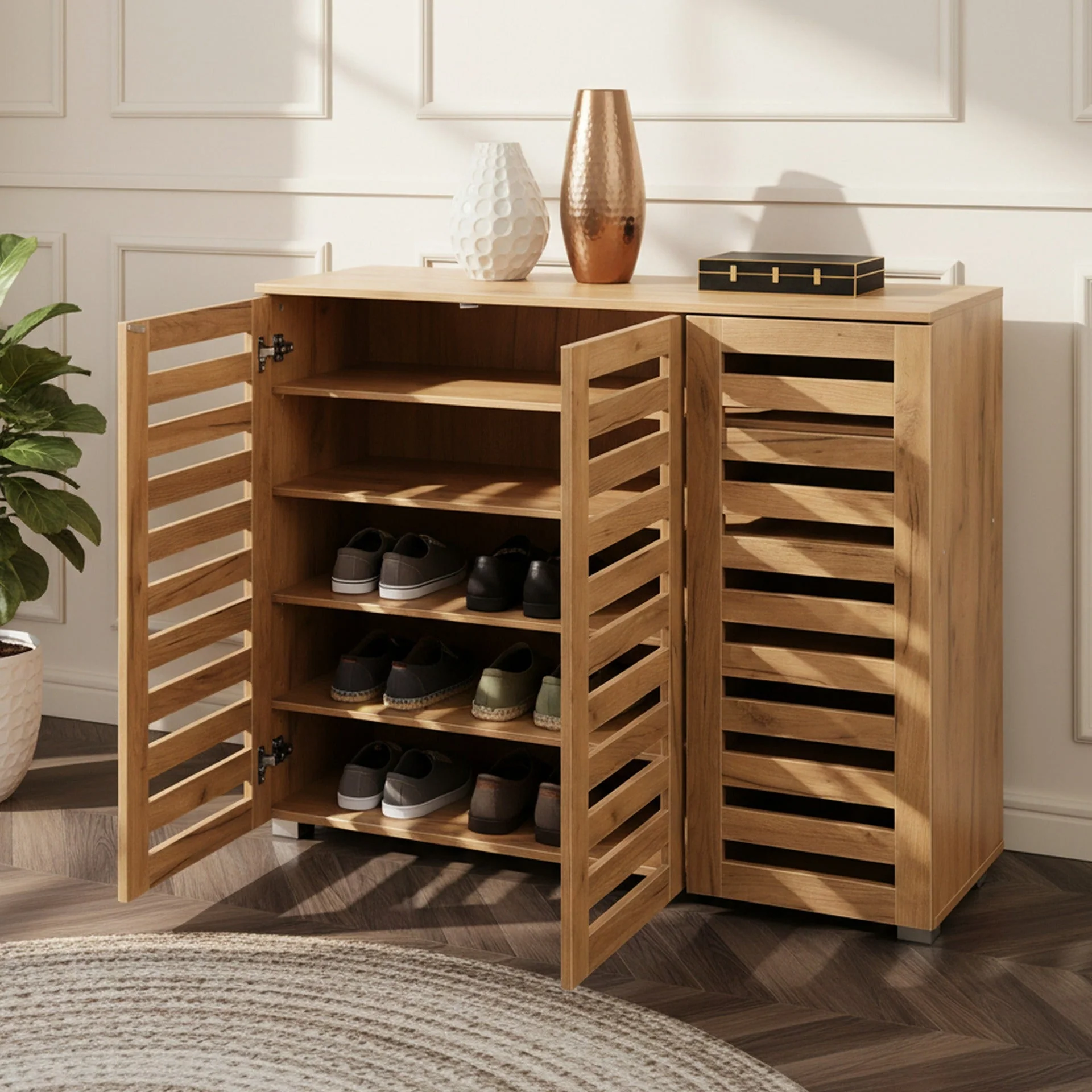 Loma 3 Door Shoe Cabinet Storage Rack - Dark Oak - Image 9