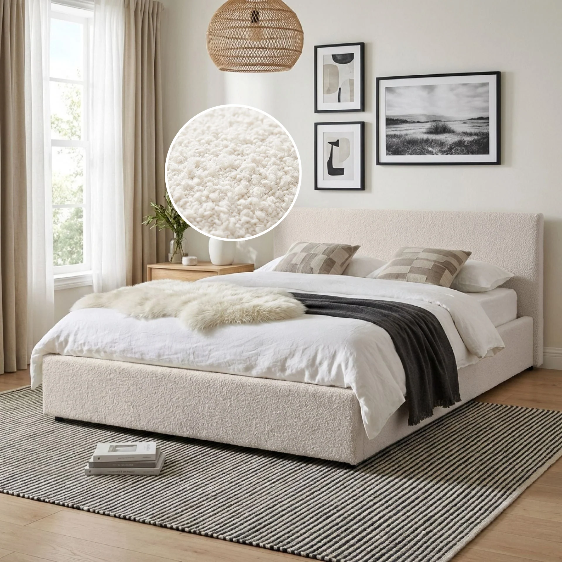 Lifteo Boucle Queen Gas Lift Bed Frame - Beige - Image 2