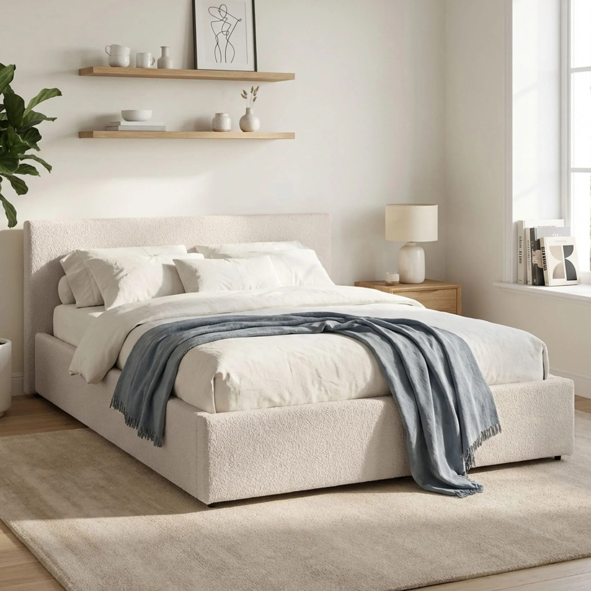 Lifteo Boucle Queen Gas Lift Bed Frame - Beige - Image 4