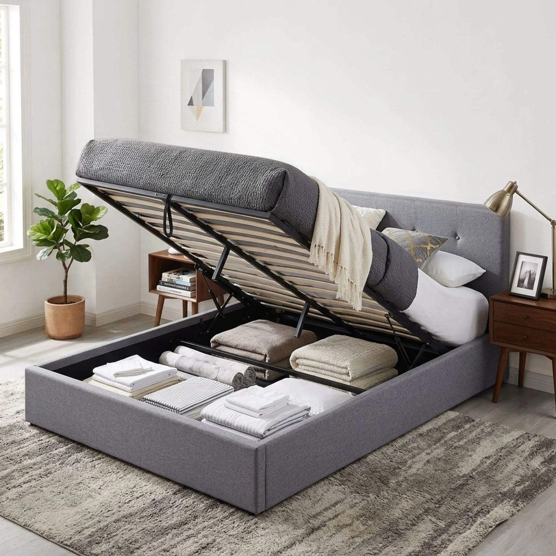 Lureva Linen Queen Gas Lift Bed Frame – Grey