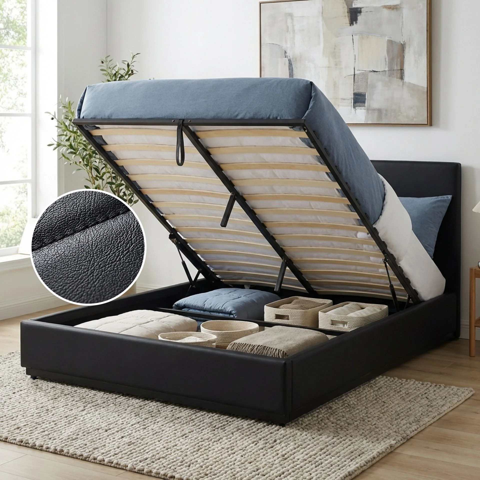 Lumetek PU Queen Gas Lift Bed Frame - Black - Image 2
