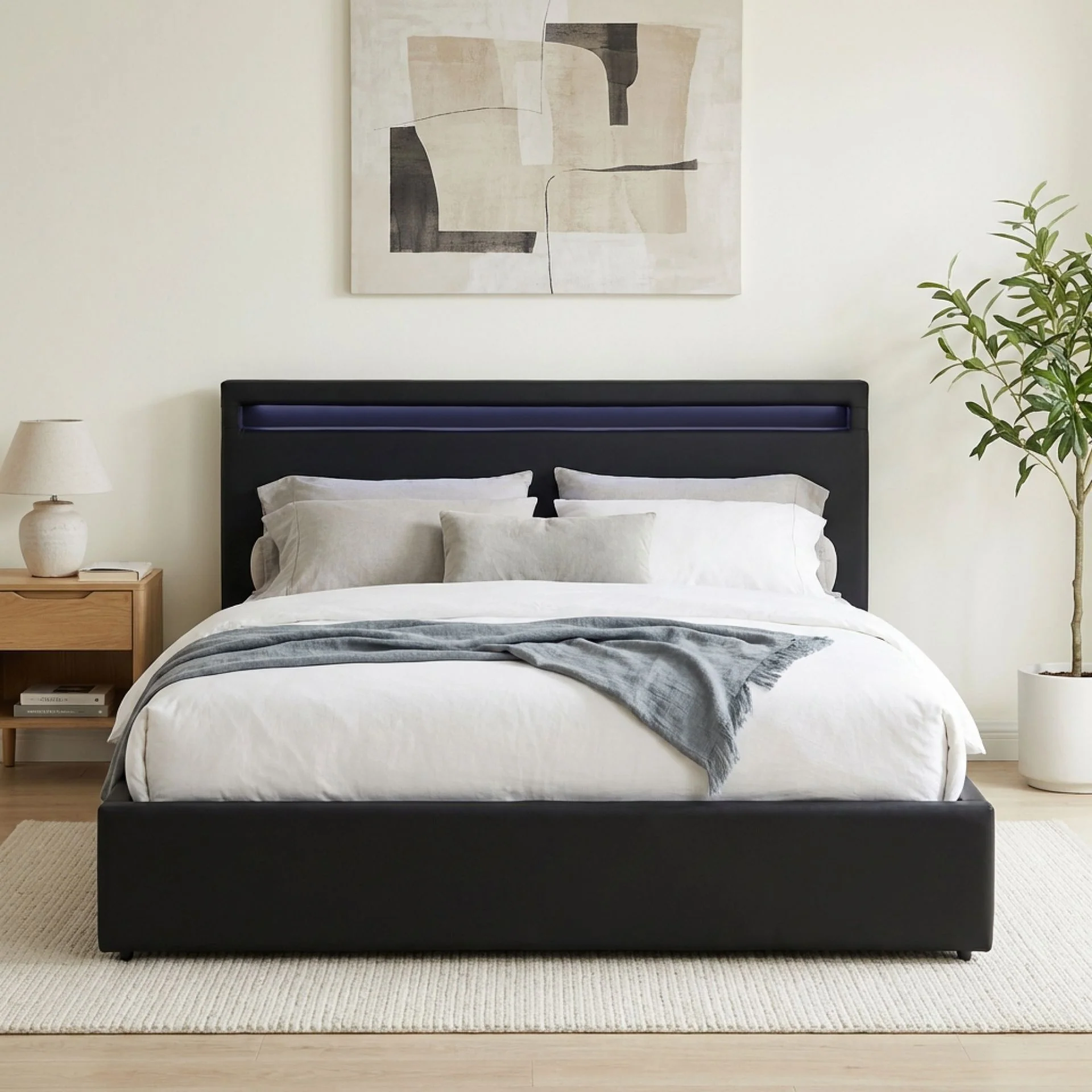 Glimora PU Queen Gas Lift Storage Bed Frame - Black - Image 3