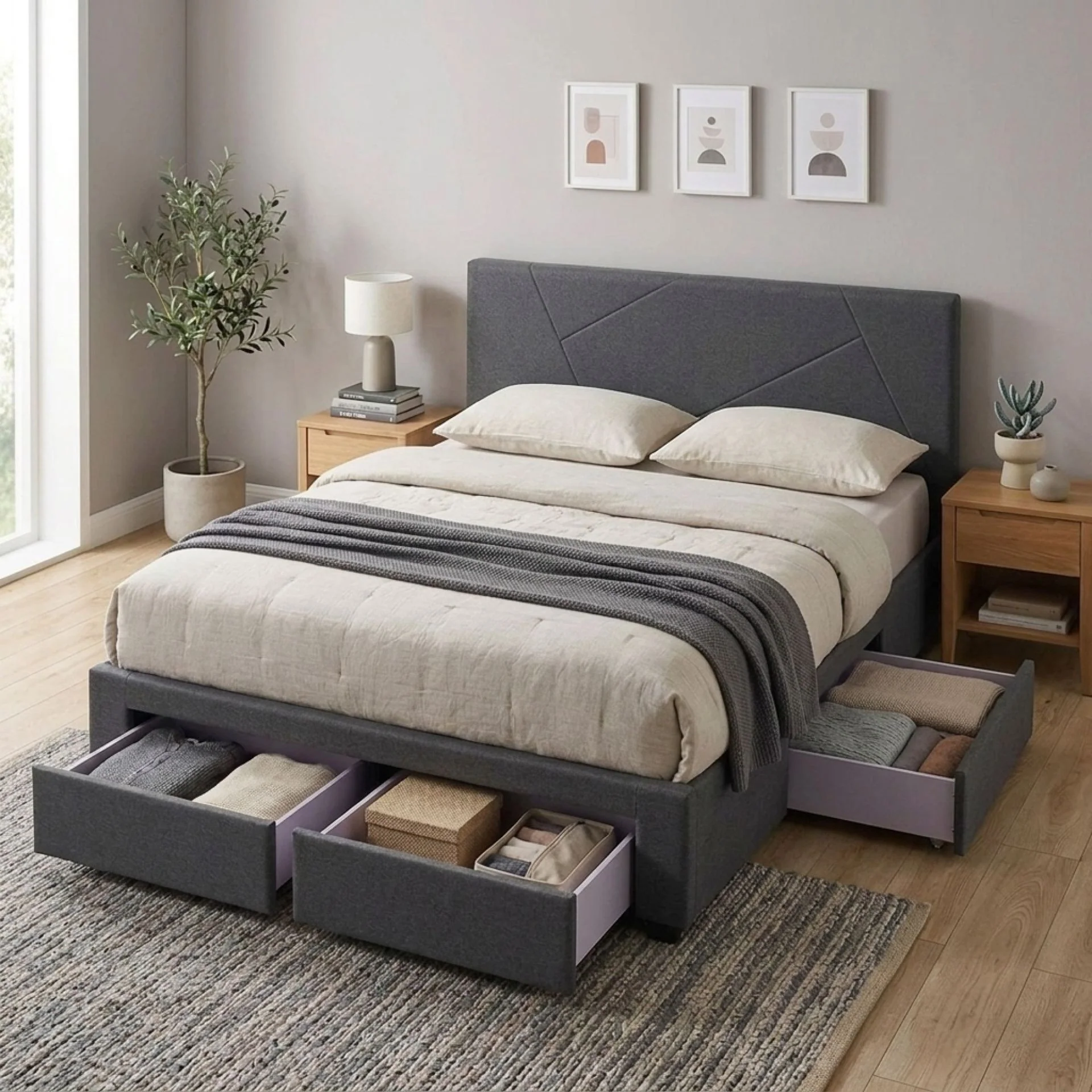 Geolux Queen Bed Frame with 4 Drawers - Dark Grey