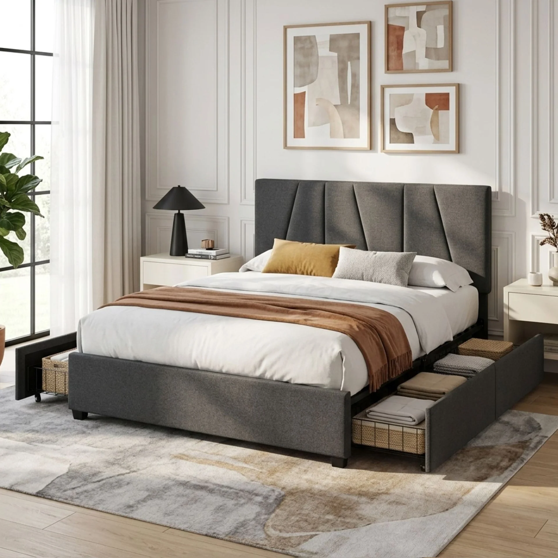 Wireva Linen Queen Bed Frame With 4 Drawers - Dark Grey