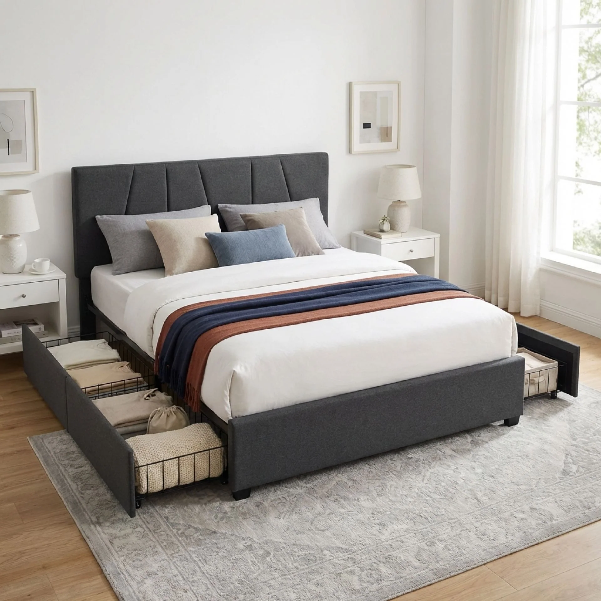 Wireva Linen Queen Bed Frame With 4 Drawers - Dark Grey - Image 3