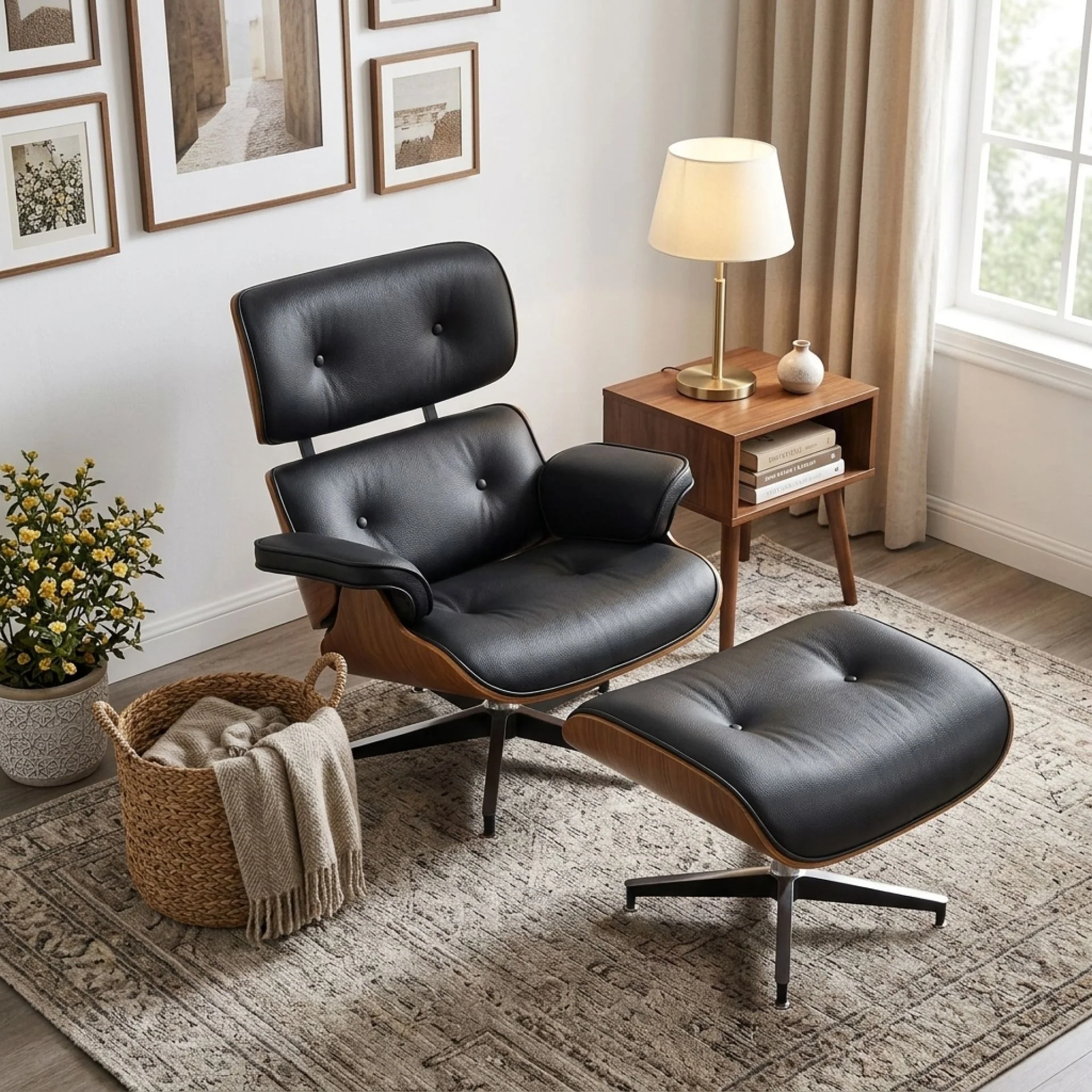 Veylo PU Armchair With Ottoman - Black & Walnut - Image 4