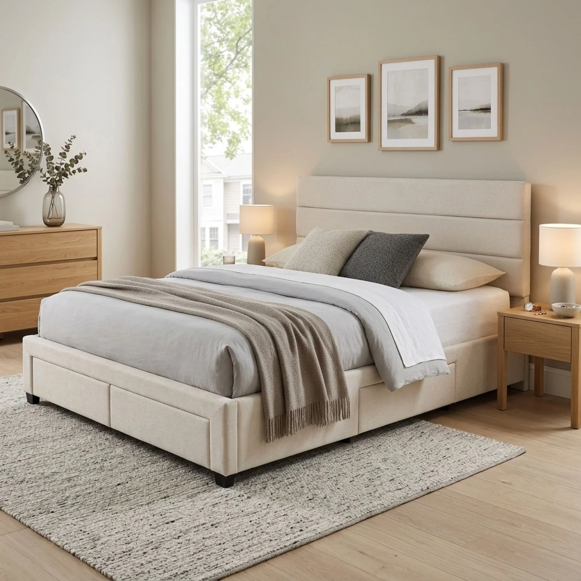 Arbor Super King Bed Frame with 4 Drawers - Beige