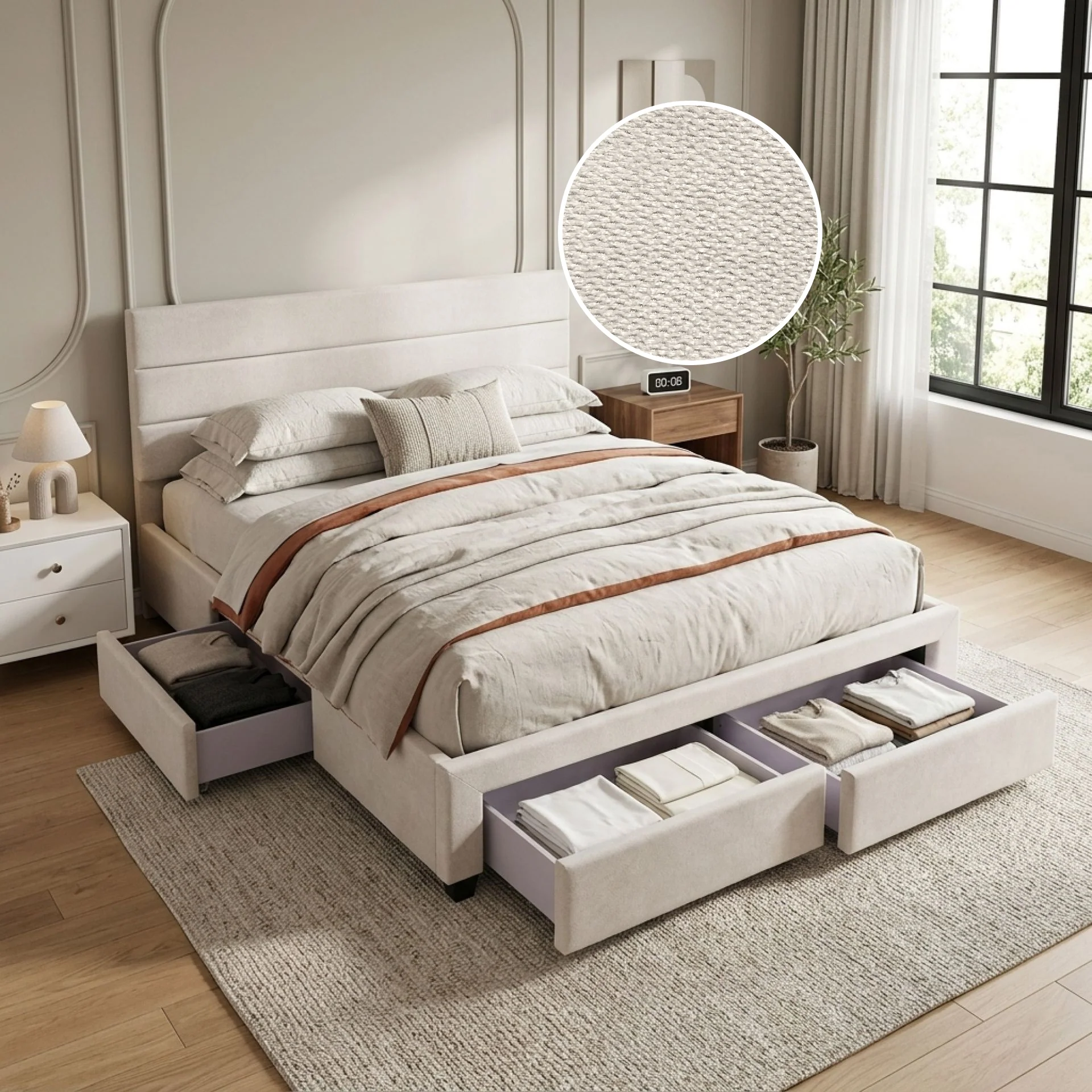 Arbor Super King Bed Frame with 4 Drawers - Beige - Image 2