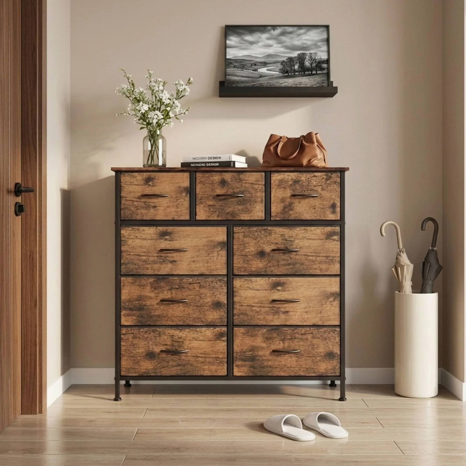 Madilyn 9 Drawer Fabric Tallboy - Rustic Brown - Image 10
