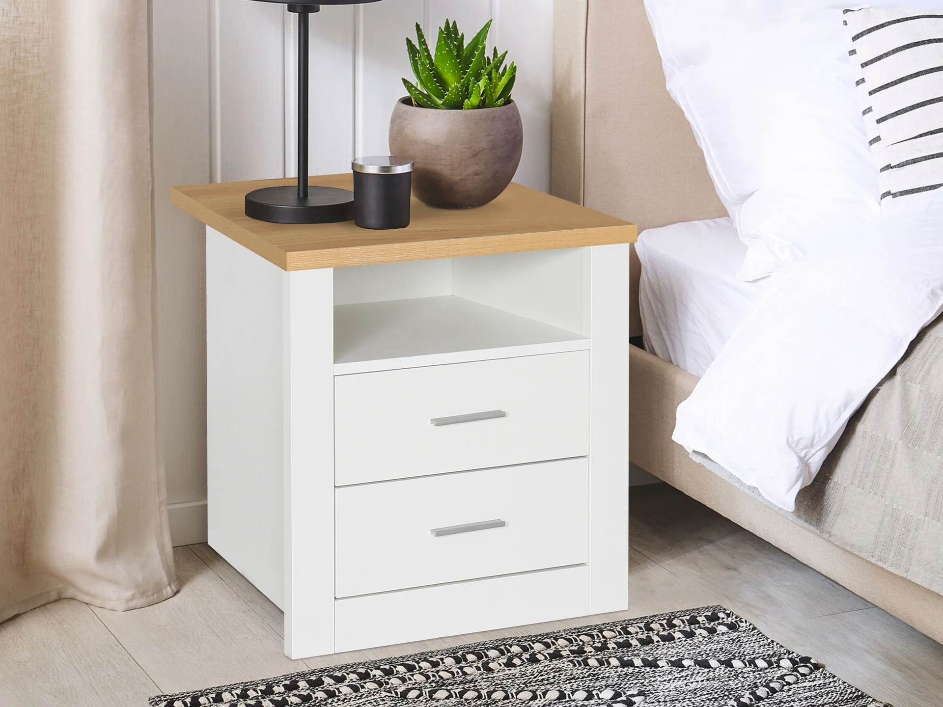 Mateo Wooden Bedside Table - Oak + White - Image 2
