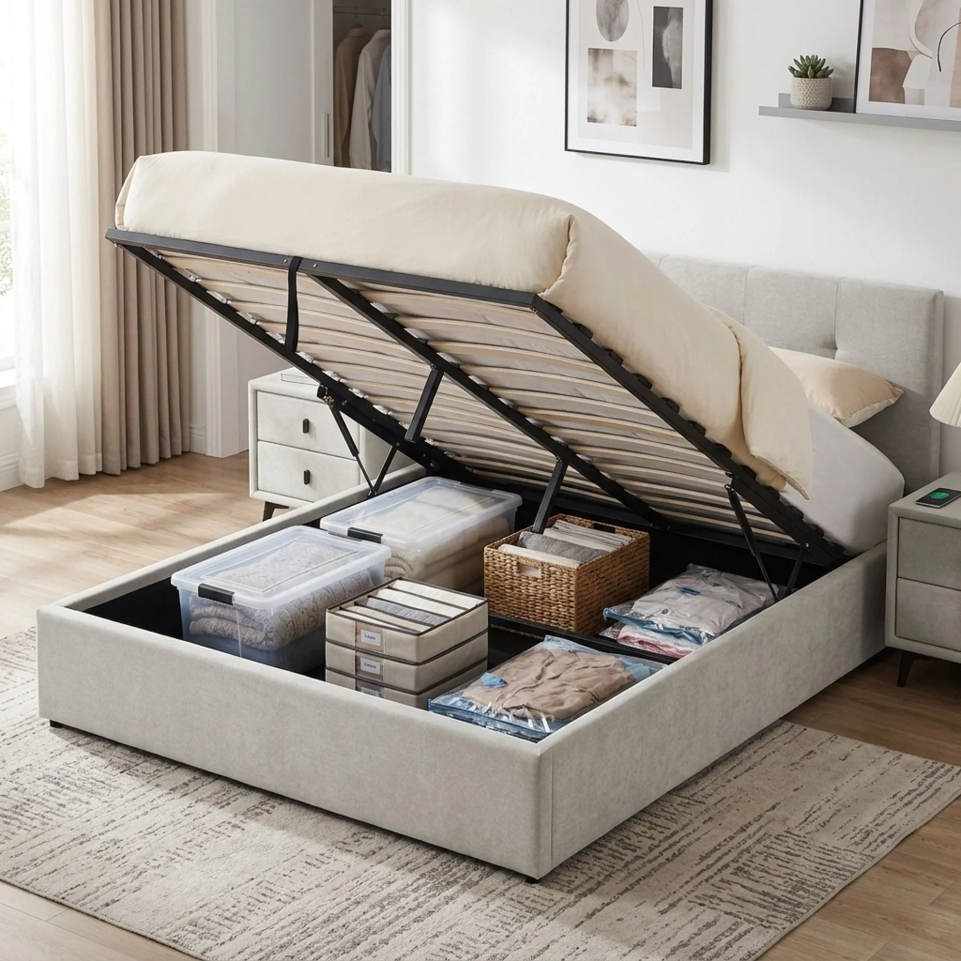 Mero Double Gas Lift Bed Frame - Linen Beige