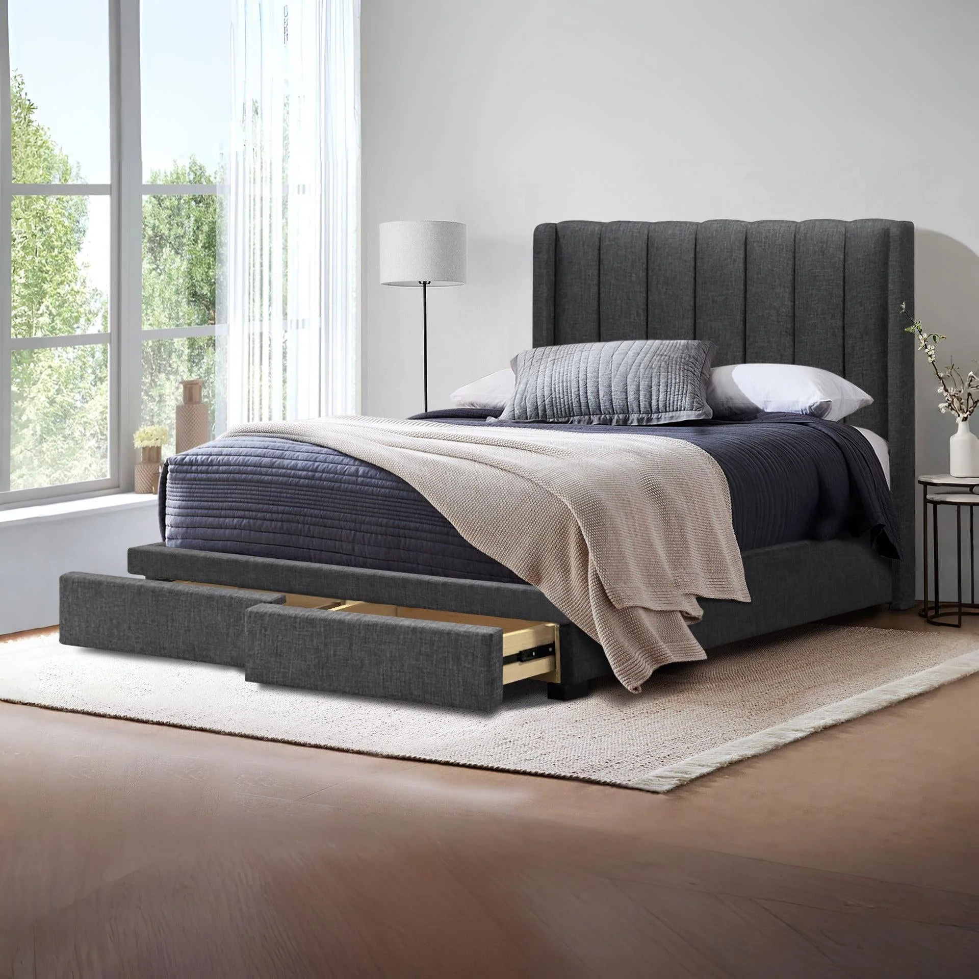 Mestas Queen Bed Frame with Storage - Dark Grey
