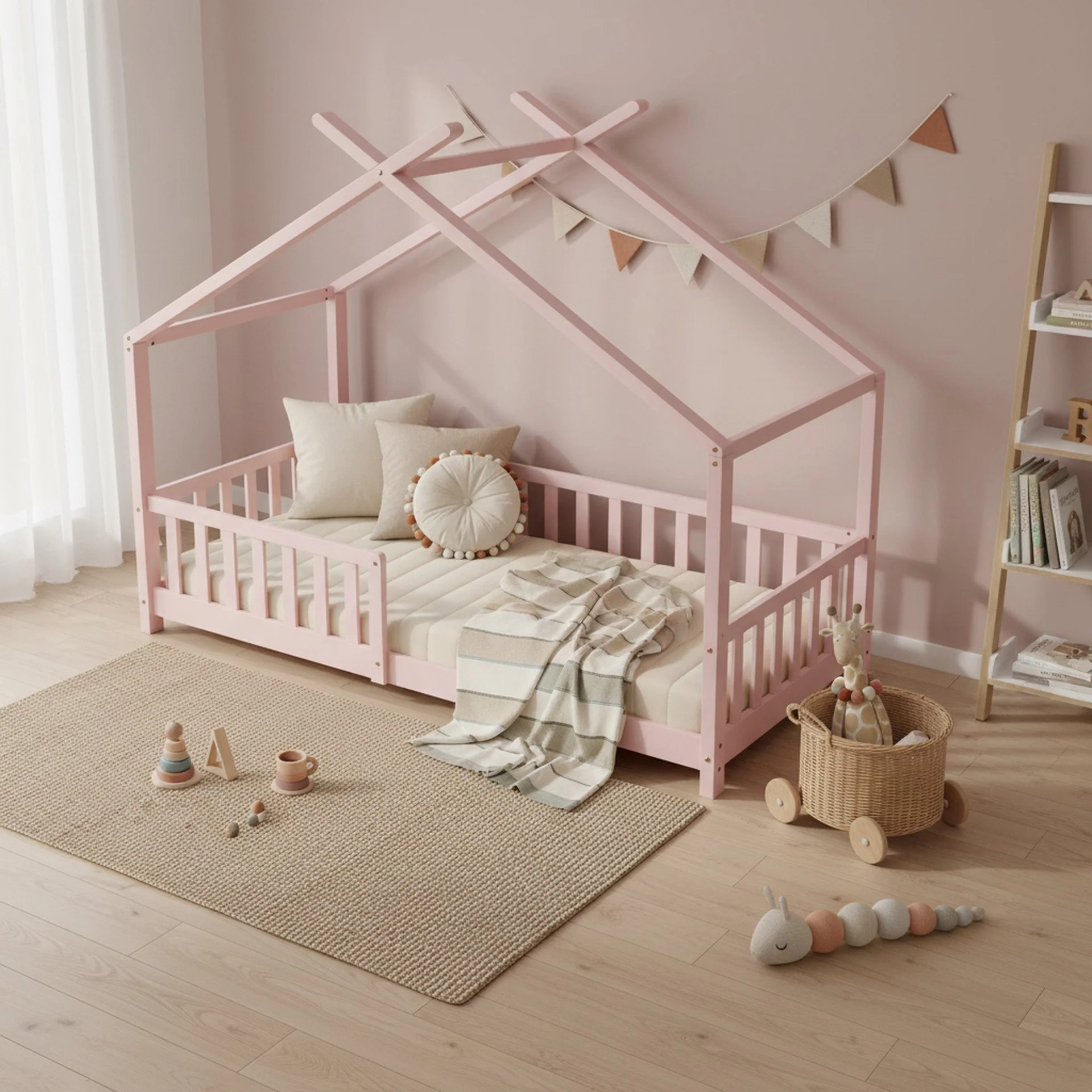Minto Single Wooden House Bed Frame - Pink