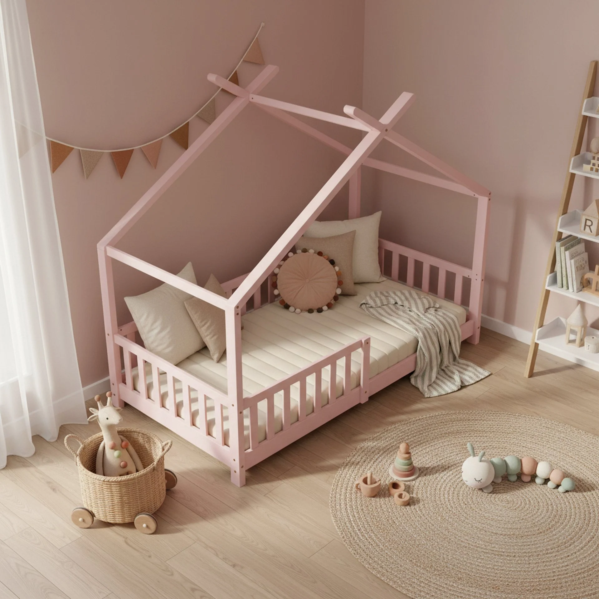 Minto Single Wooden House Bed Frame - Pink - Image 6