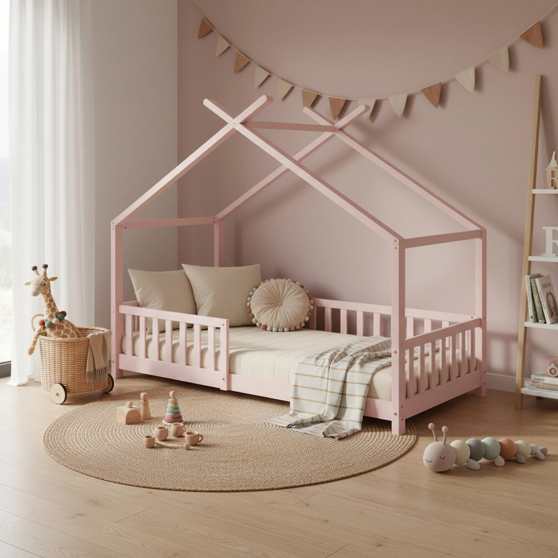 Minto Single Wooden House Bed Frame - Pink - Image 7