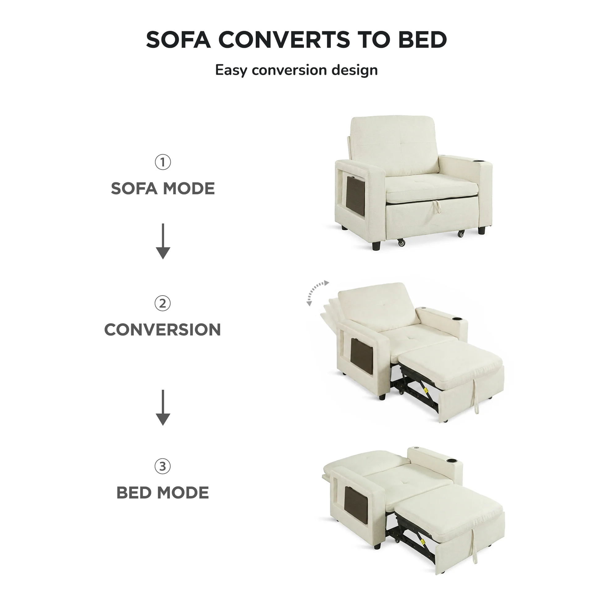 Mist 1 Seater Sofa Bed With Cup Holder And Side Tray - Cream - Image 2