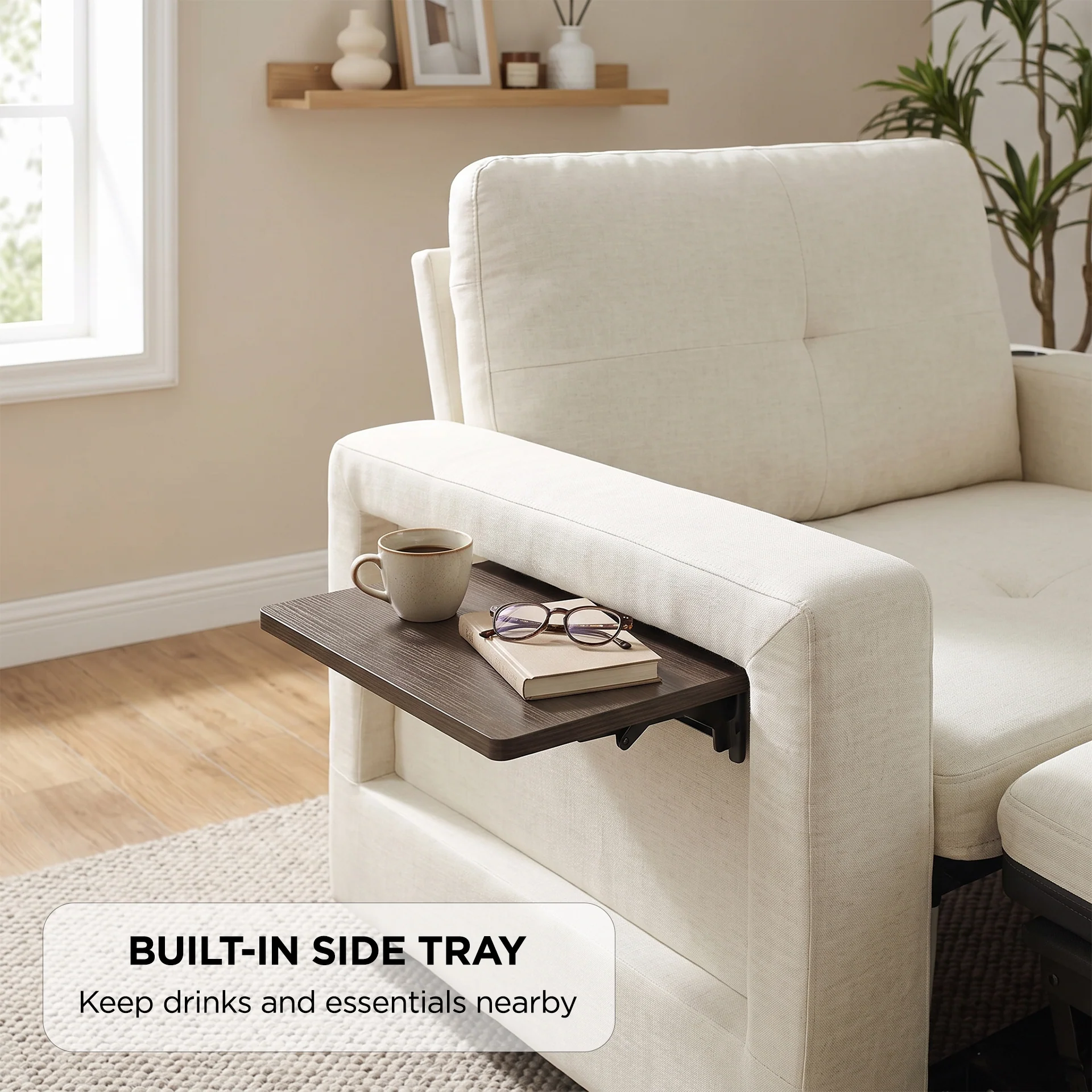 Mist 1 Seater Sofa Bed With Cup Holder And Side Tray - Cream - Image 4