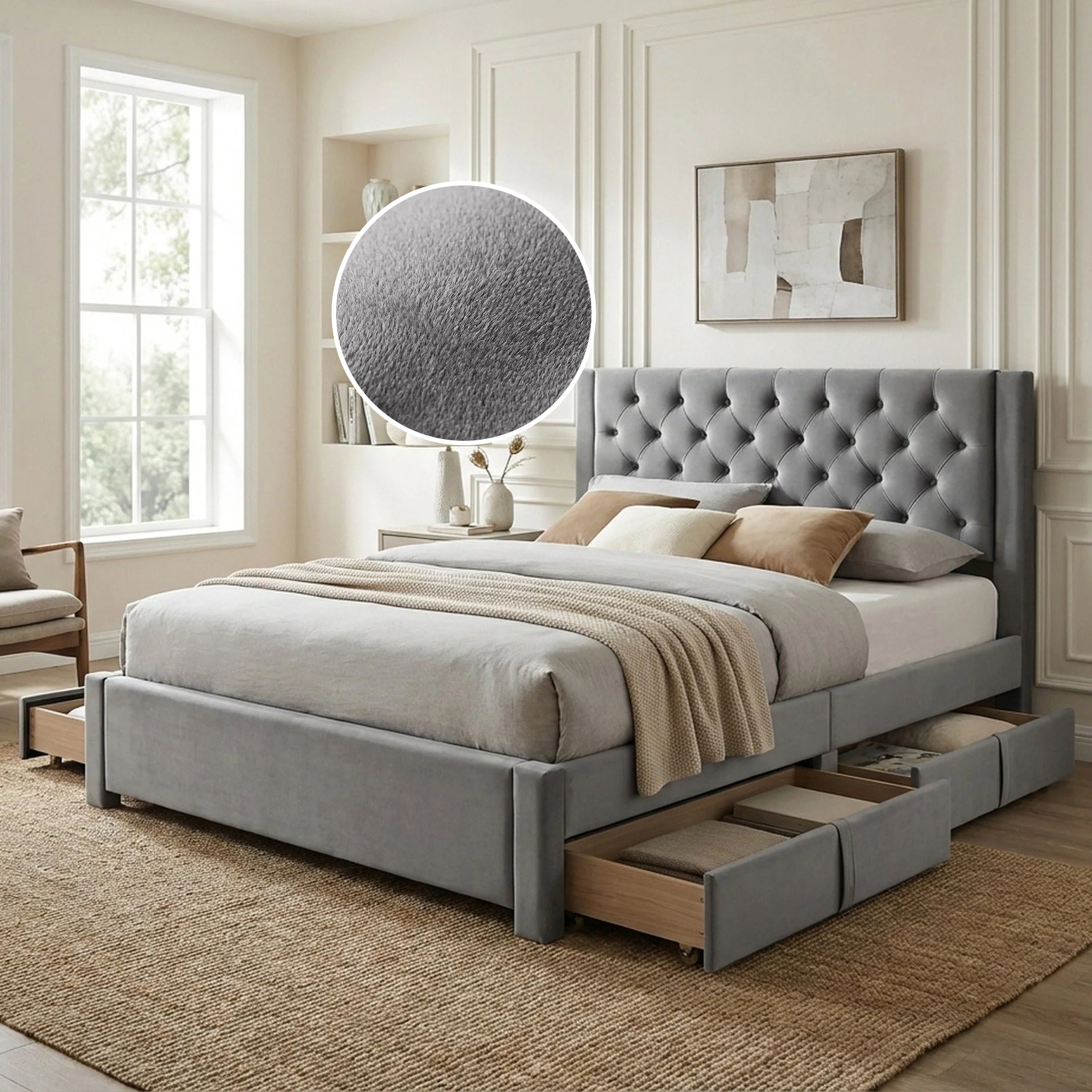 Montana Velvet Queen Bed Frame with 4 Drawers - Grey - Image 2