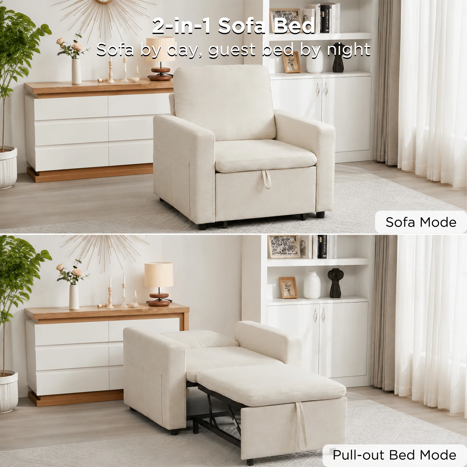 Nest Linen 1 Seater Sofa Bed - Cream - Image 2