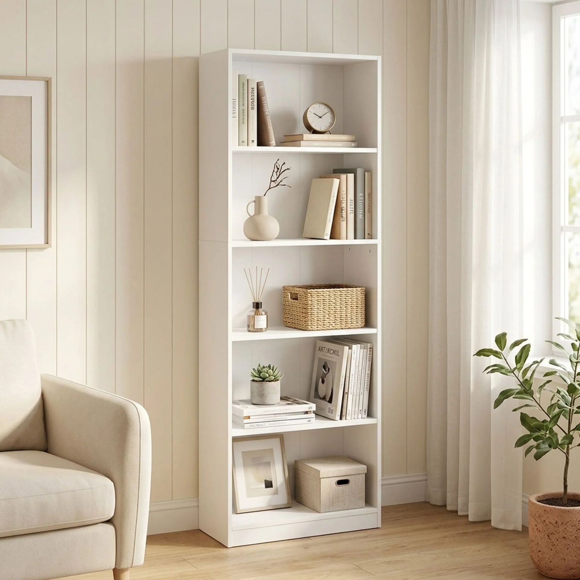 Nivo 5 Tier Slim Bookshelf Display Shelf - White - Image 3