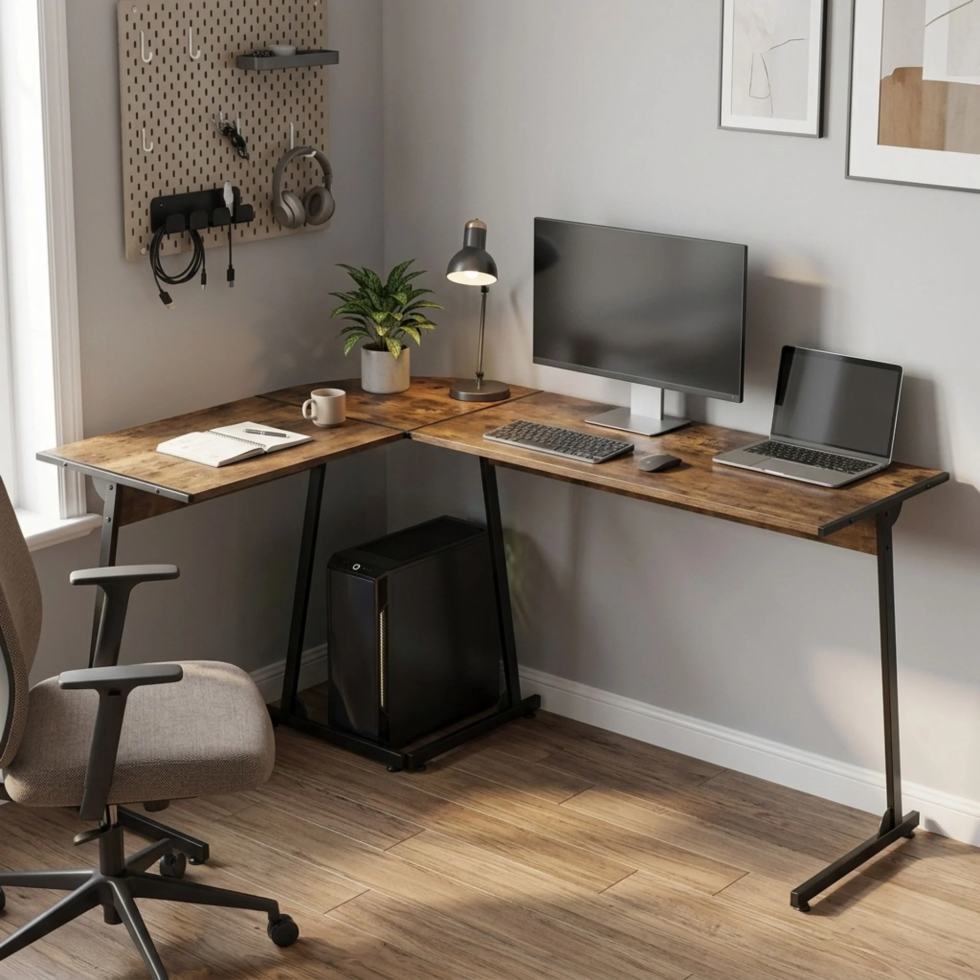 Nordix L-Shaped Computer Corner Desk - Rustic Brown - Image 5