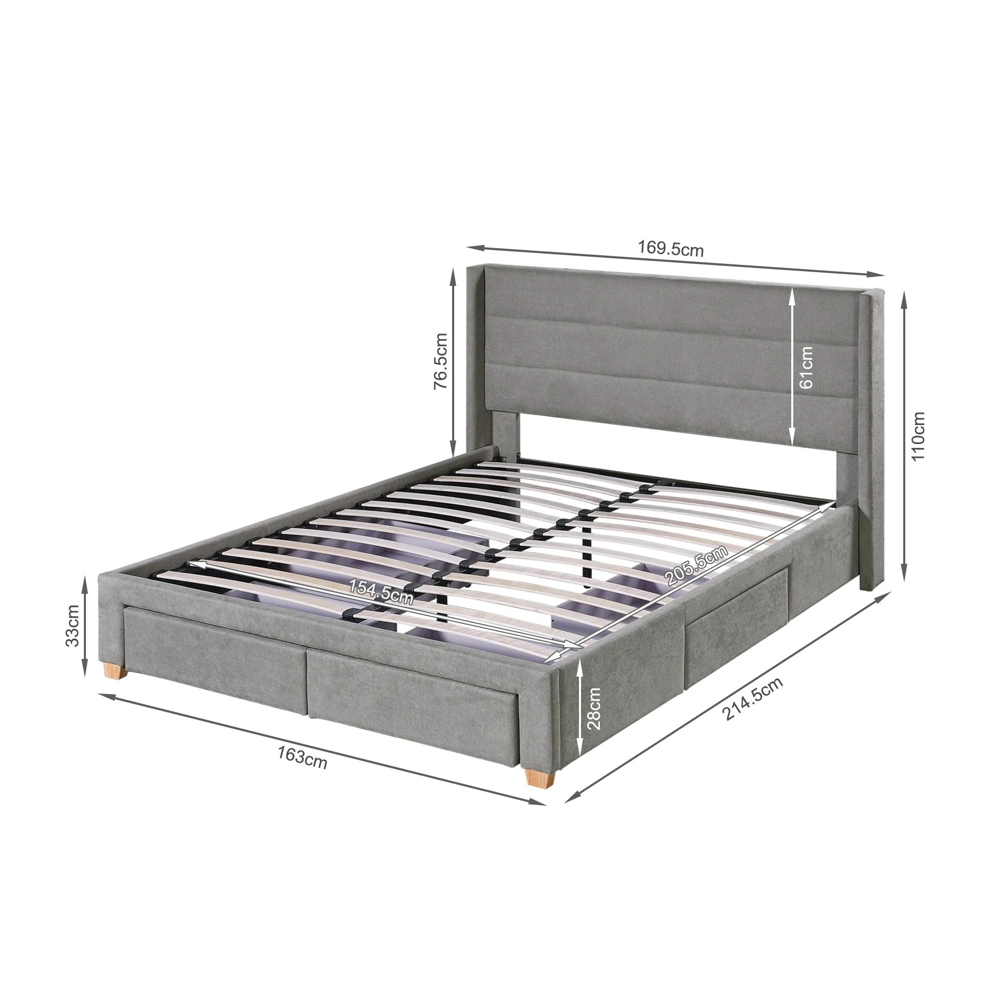 Oasis Queen Bed Frame with 4 Drawers - Grey - Image 12