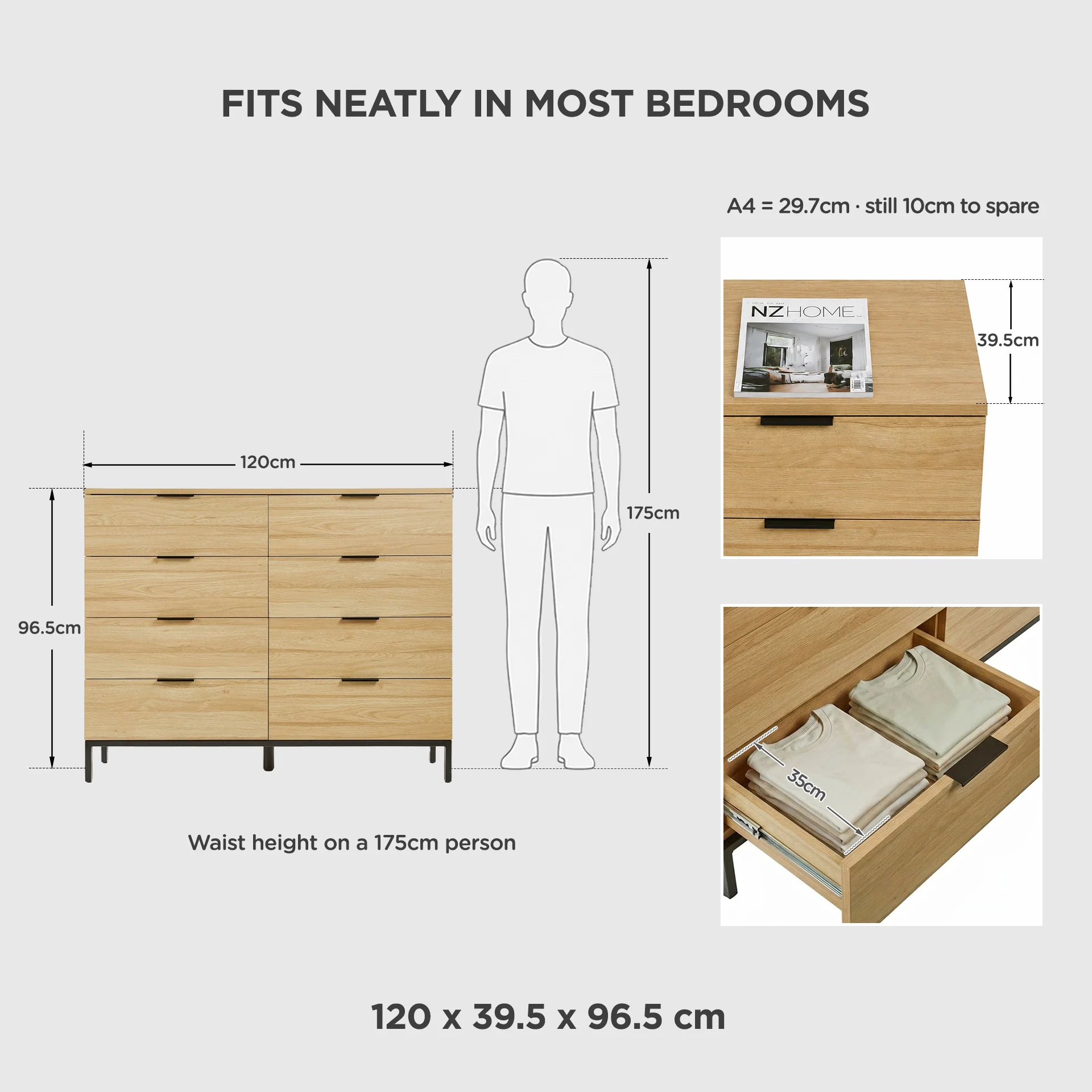 Ocala Low Boy 8 Drawer Chest Dresser - Oak - Image 3