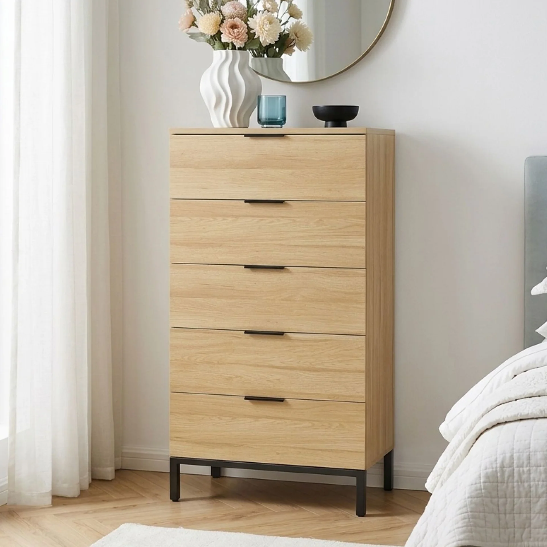 Ocala Tallboy 5 Drawer Chest Dresser - Oak - Image 7