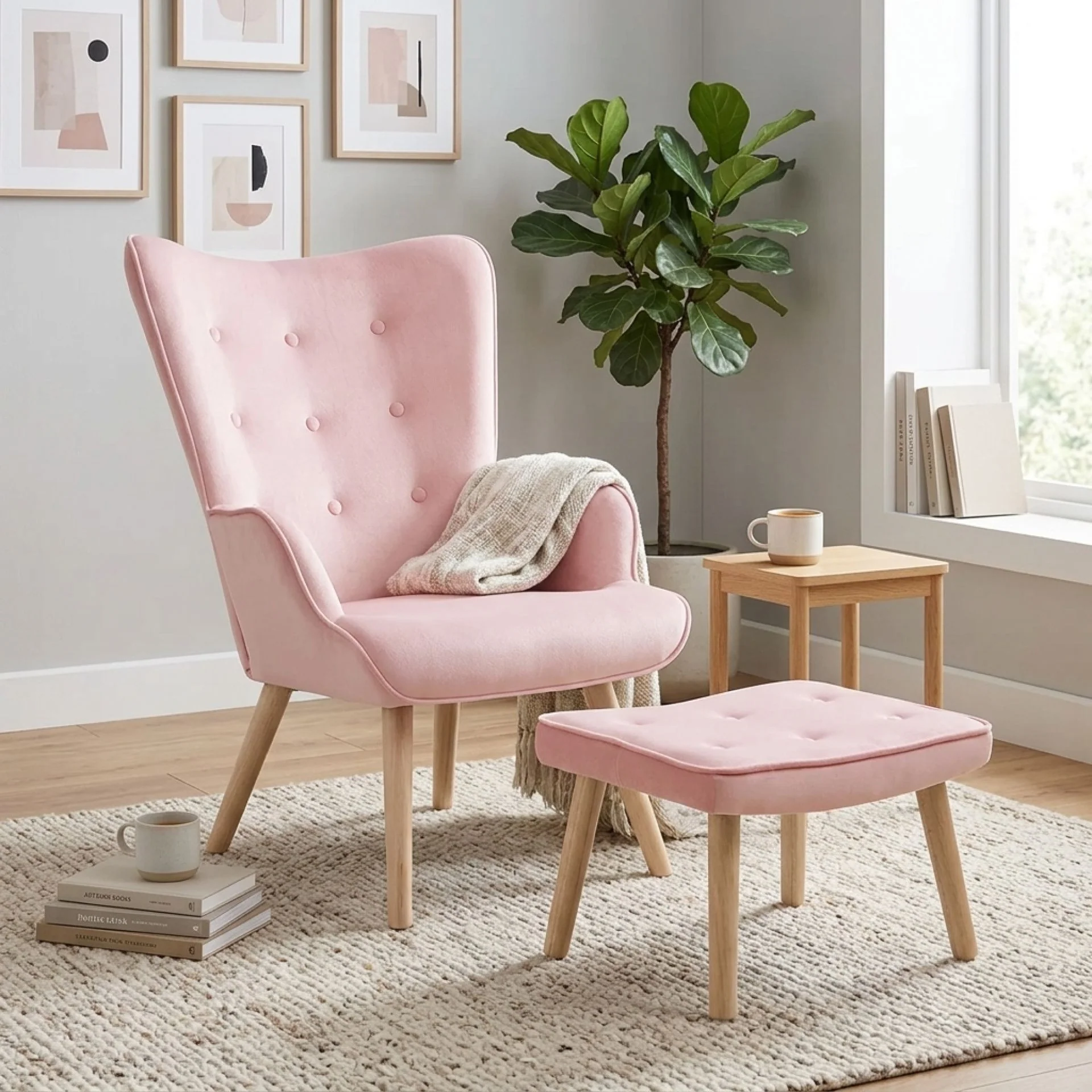 Olivia Velvet Armchair with Ottoman - Pink - Image 6