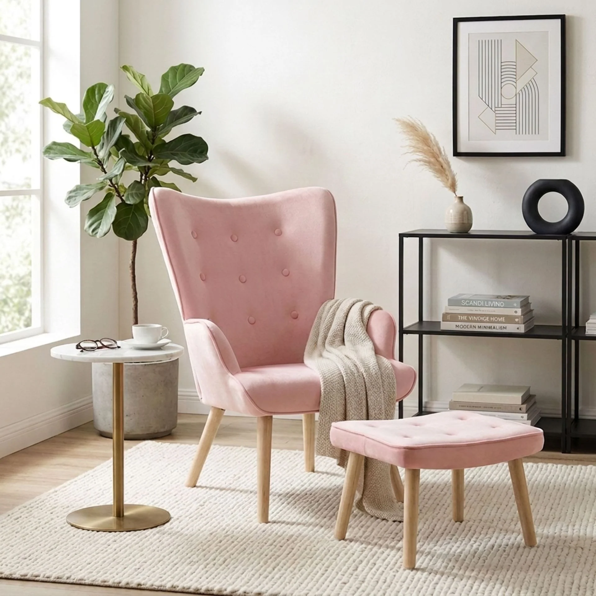 Olivia Velvet Armchair with Ottoman - Pink - Image 7
