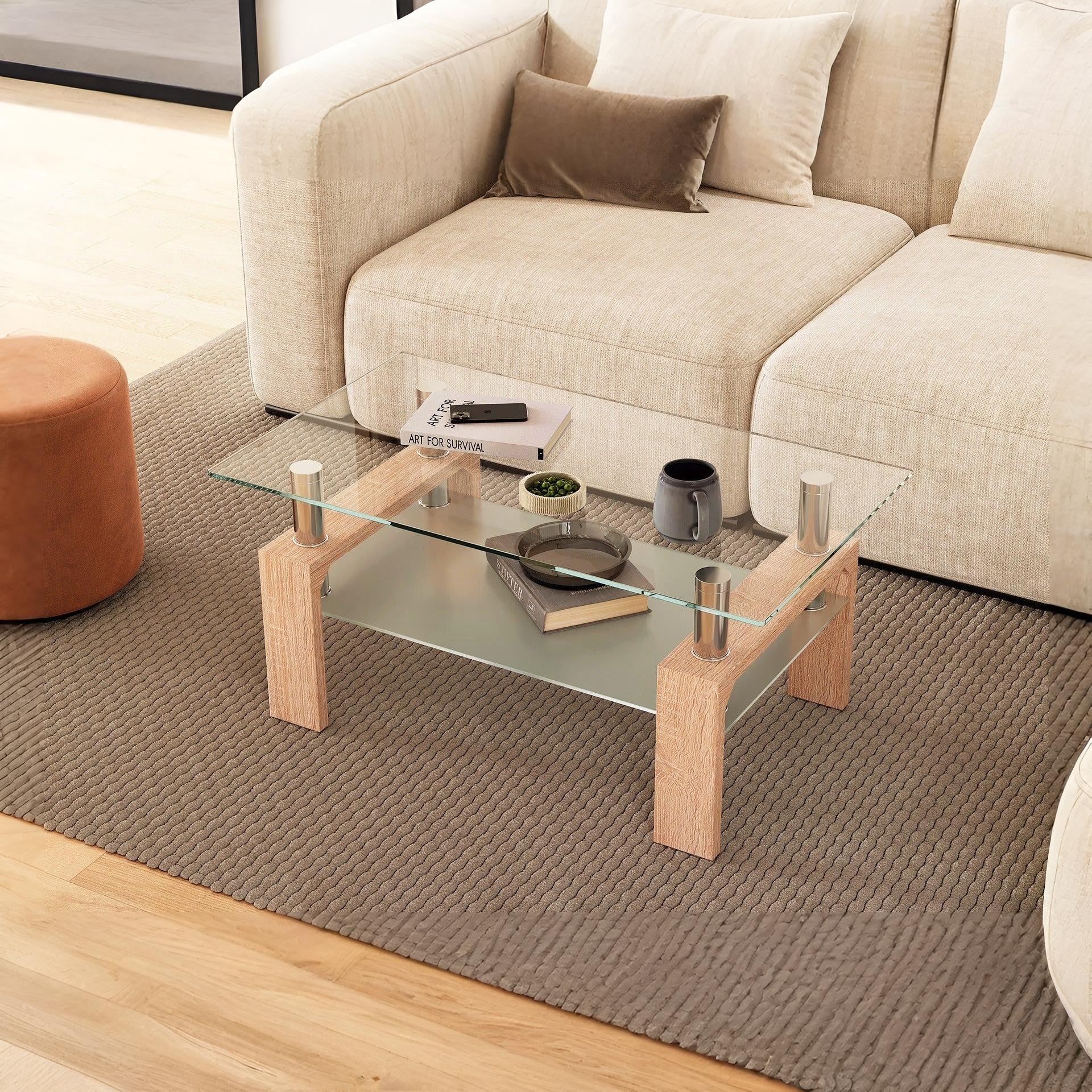 Ollie Tempered Glass Rectangle Coffee Table 95 x 55cm - Oak - Image 8