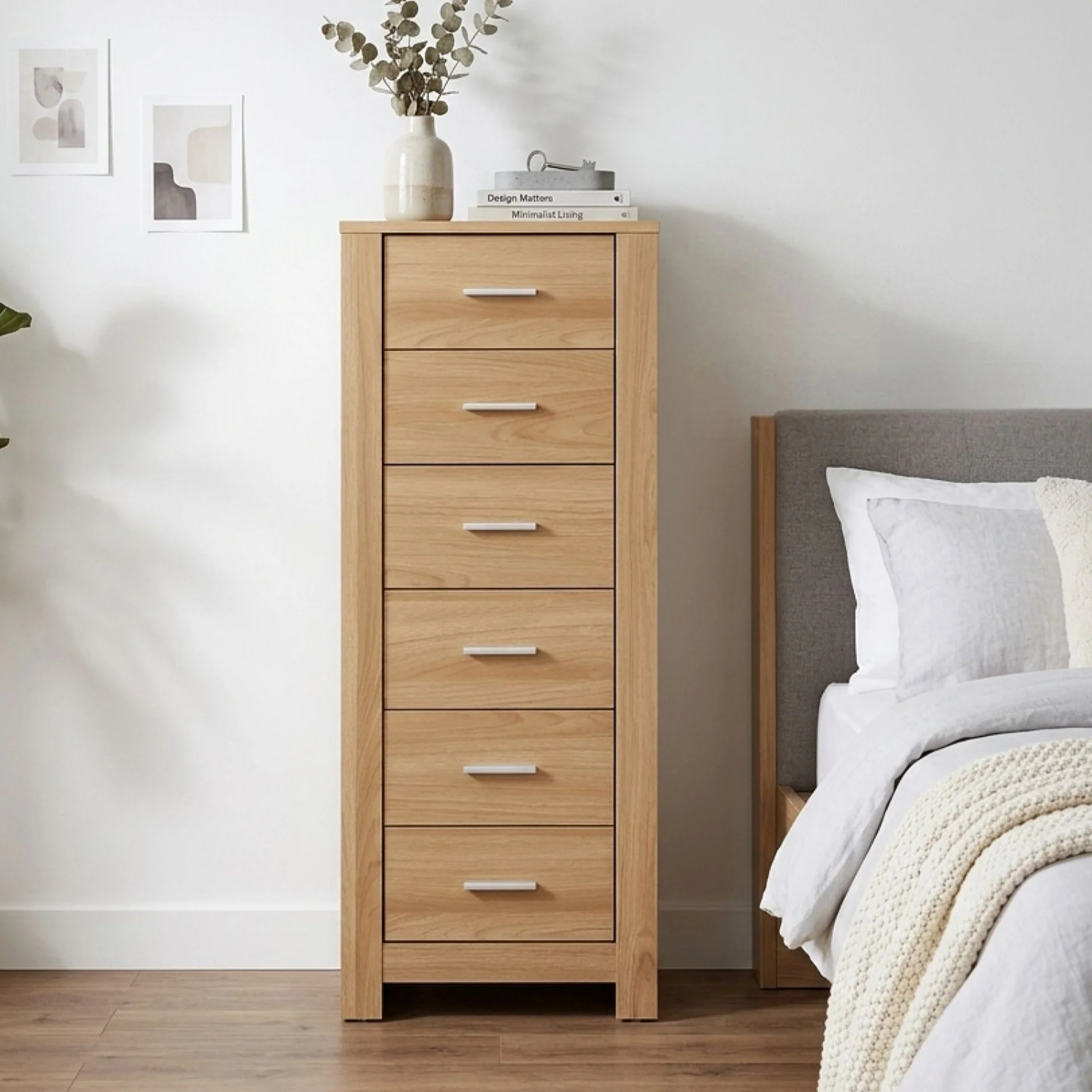 Olsen 6 Drawers Slim Tallboy - Oak - Image 3
