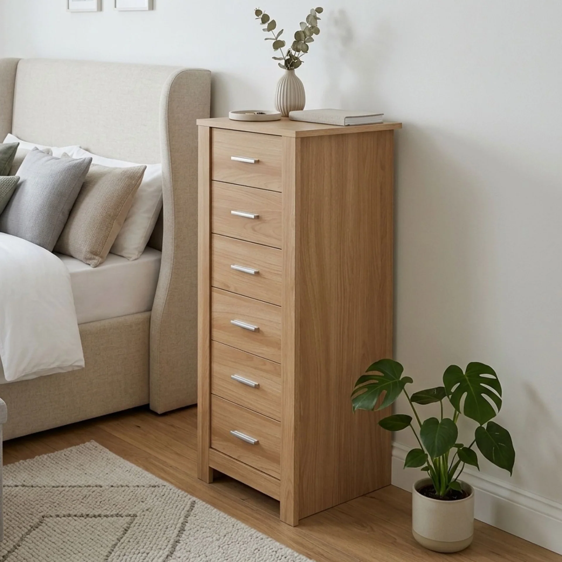 Olsen 6 Drawers Slim Tallboy - Oak - Image 4