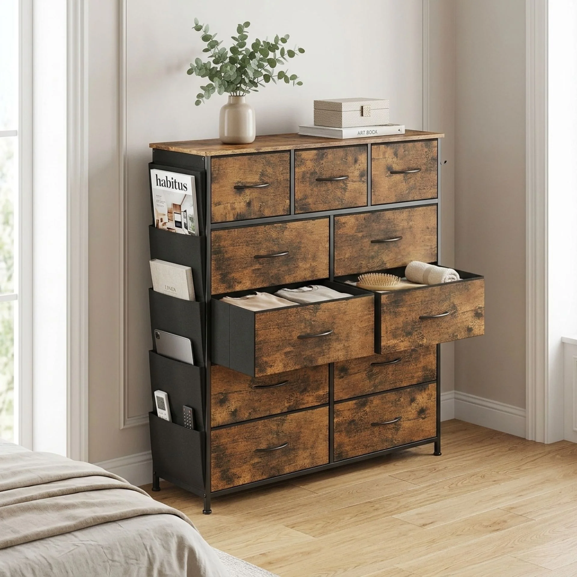 Paisley 11 Drawers Tallboy with Storage Bag - Rustic Brown