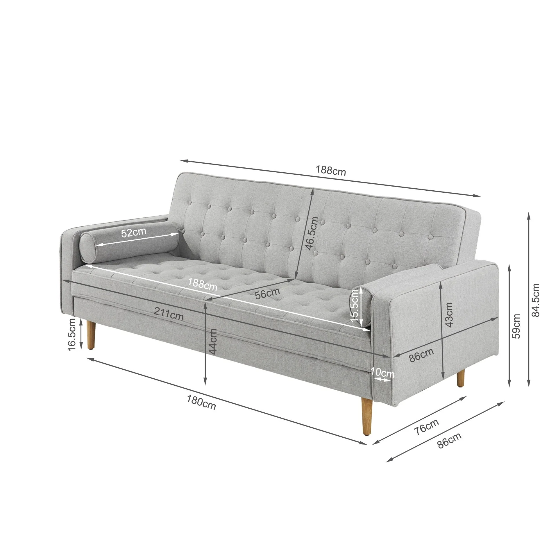 Penzance 3 Seater Sofa Bed - Light Grey - Image 12