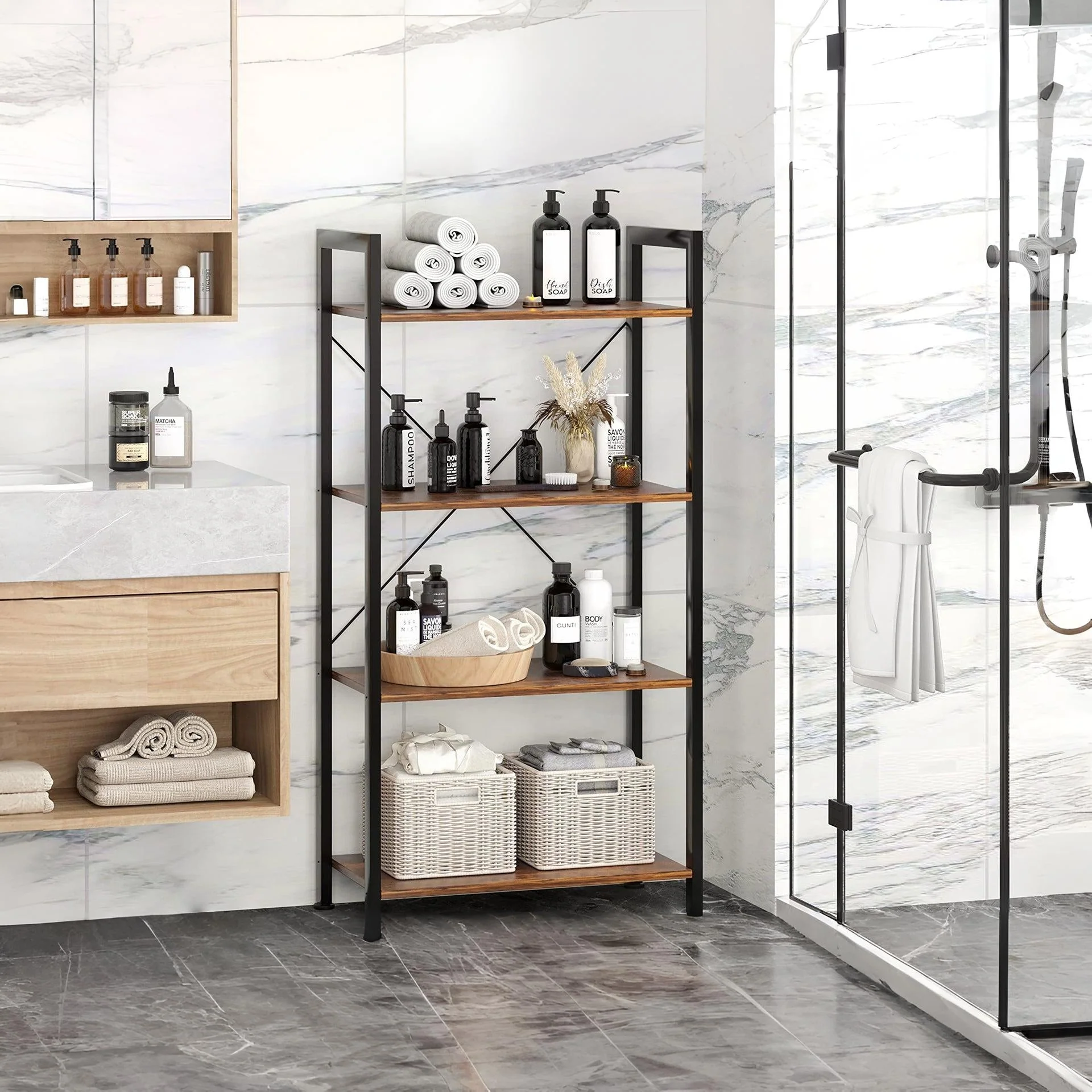 Poroti 4 Tier Bookshelf Storage Shelf - Rustic Brown - Image 4