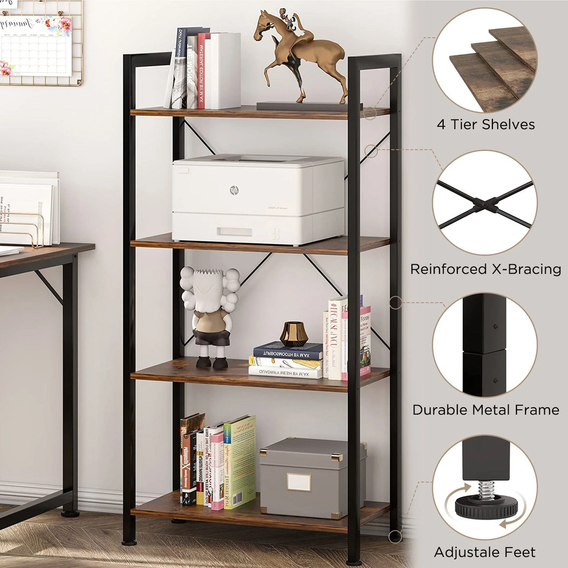 Poroti 4 Tier Bookshelf Storage Shelf - Rustic Brown - Image 5