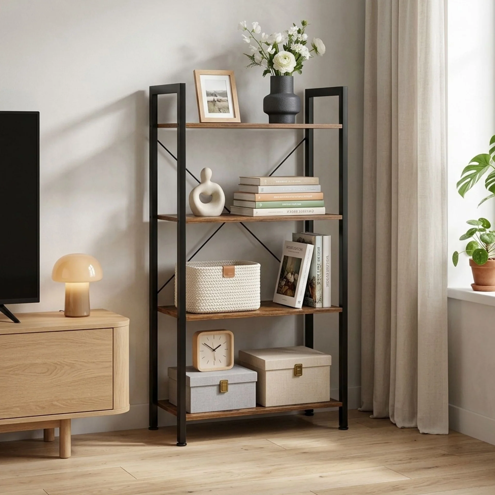 Poroti 4 Tier Bookshelf Storage Shelf - Rustic Brown - Image 9